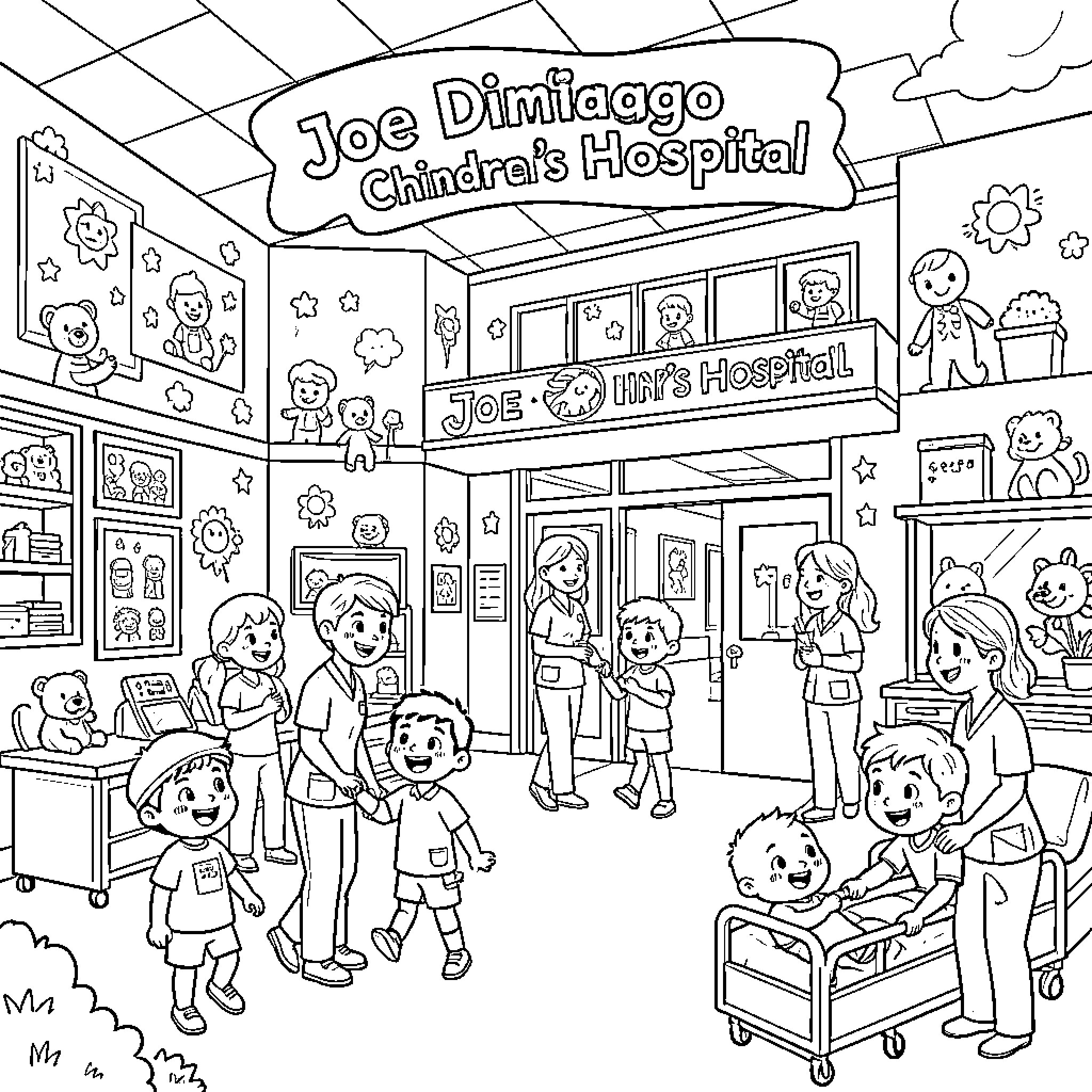 Hospital scene with children and medical staff Coloring Page (free black-and-white line drawing printable PDF for all, from beginners to advanced learners, including children, teens, adults, and seniors)
