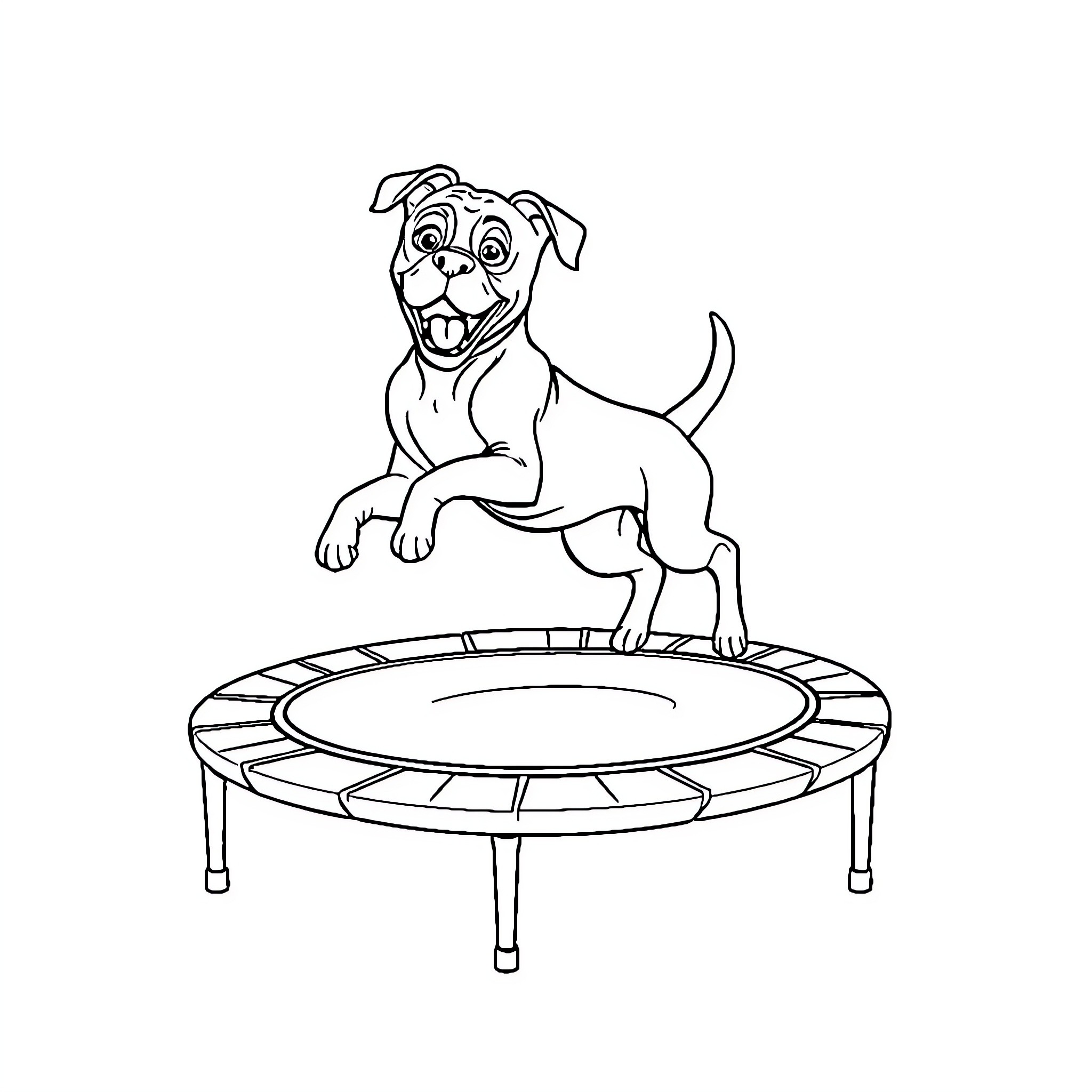 Boxer dog playing on trampoline Coloring Page (free black-and-white line drawing printable PDF for all, from beginners to advanced learners, including children, teens, adults, and seniors)