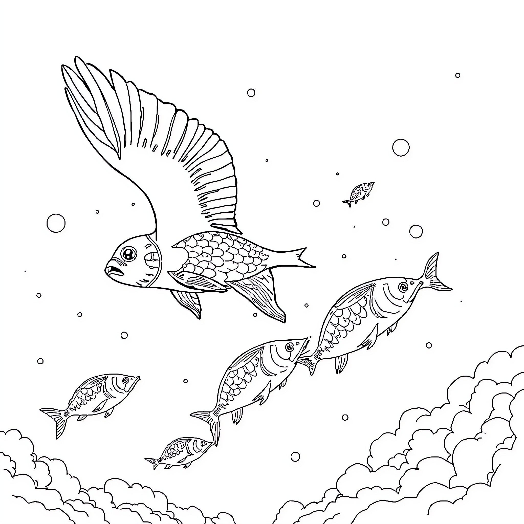 Airplane of colorful tropical fish swimming underwater Coloring Page (free black-and-white line drawing printable PDF for all, from beginners to advanced learners, including children, teens, adults, and seniors)