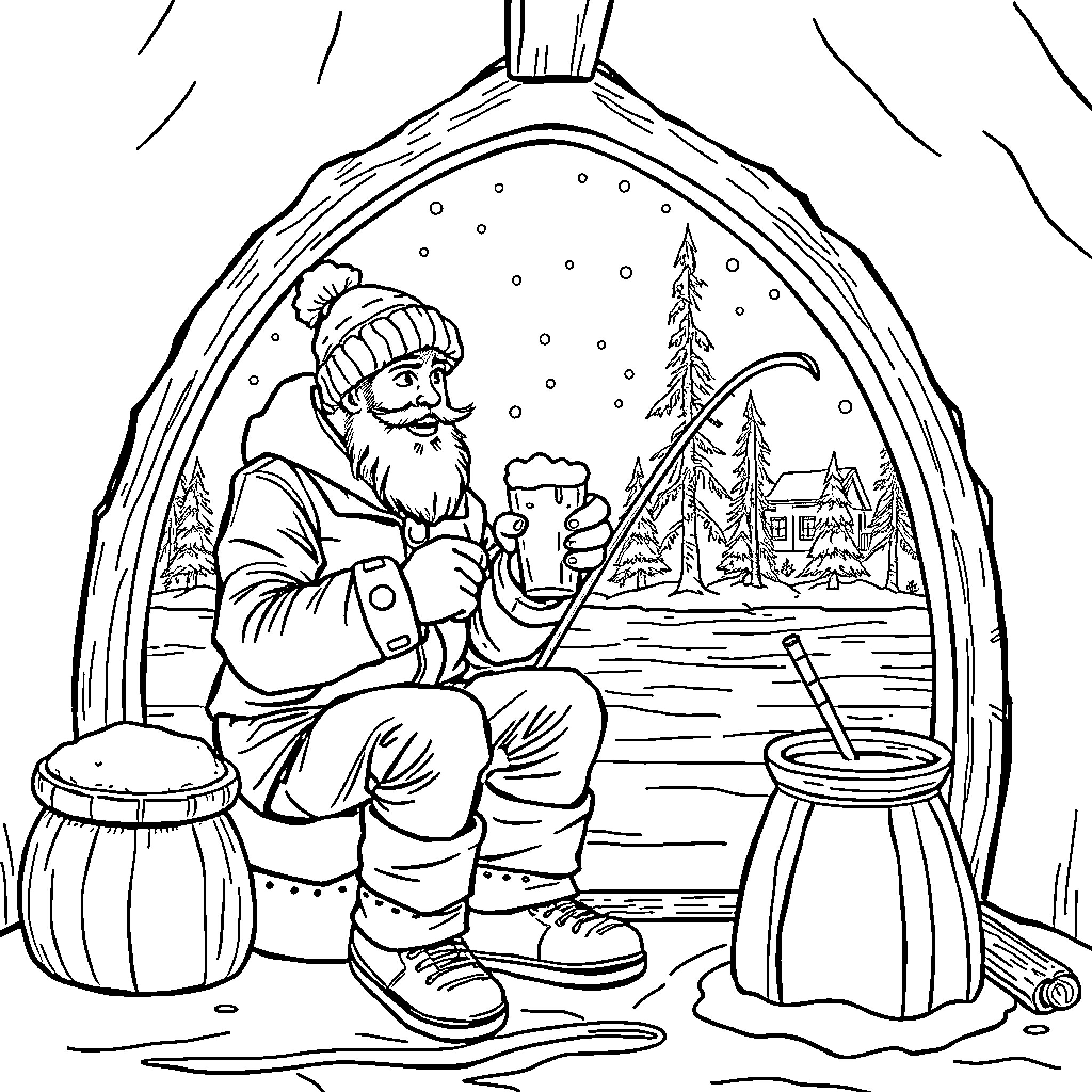 Ironman enjoying warm beverage in snowy forest scene Coloring Page (free black-and-white line drawing printable PDF for all, from beginners to advanced learners, including children, teens, adults, and seniors)