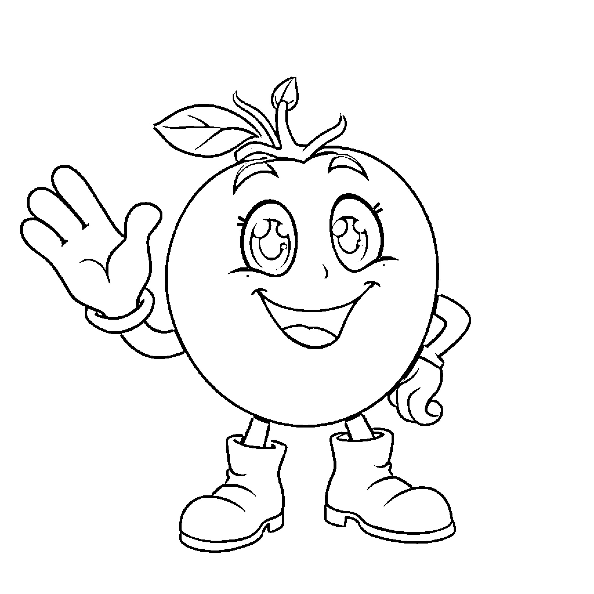 Tomato character waving happily Coloring Page (free black-and-white line drawing printable PDF for all, from beginners to advanced learners, including children, teens, adults, and seniors)