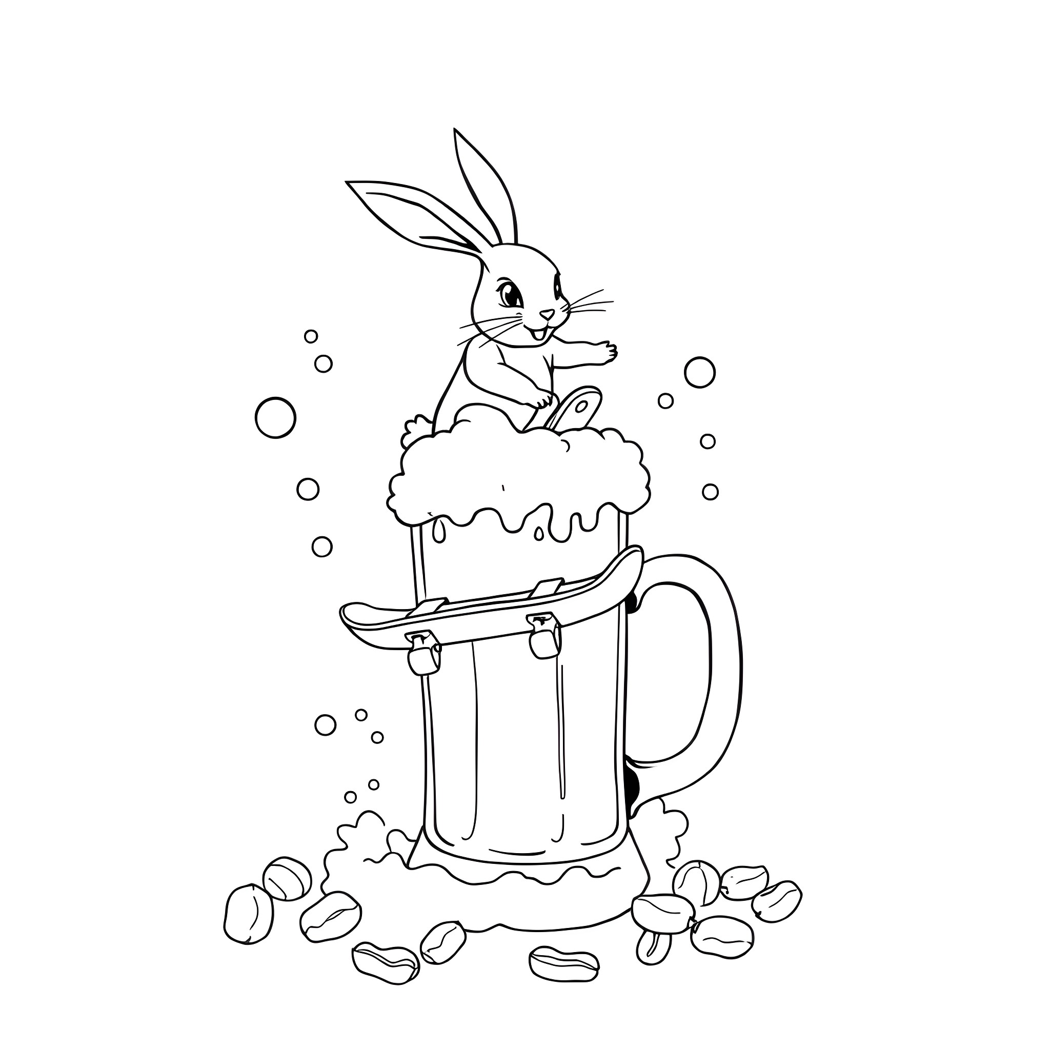 Hop Bunny Enjoying a Frothy Beverage Coloring Page (free black-and-white line drawing printable PDF for all, from beginners to advanced learners, including children, teens, adults, and seniors)