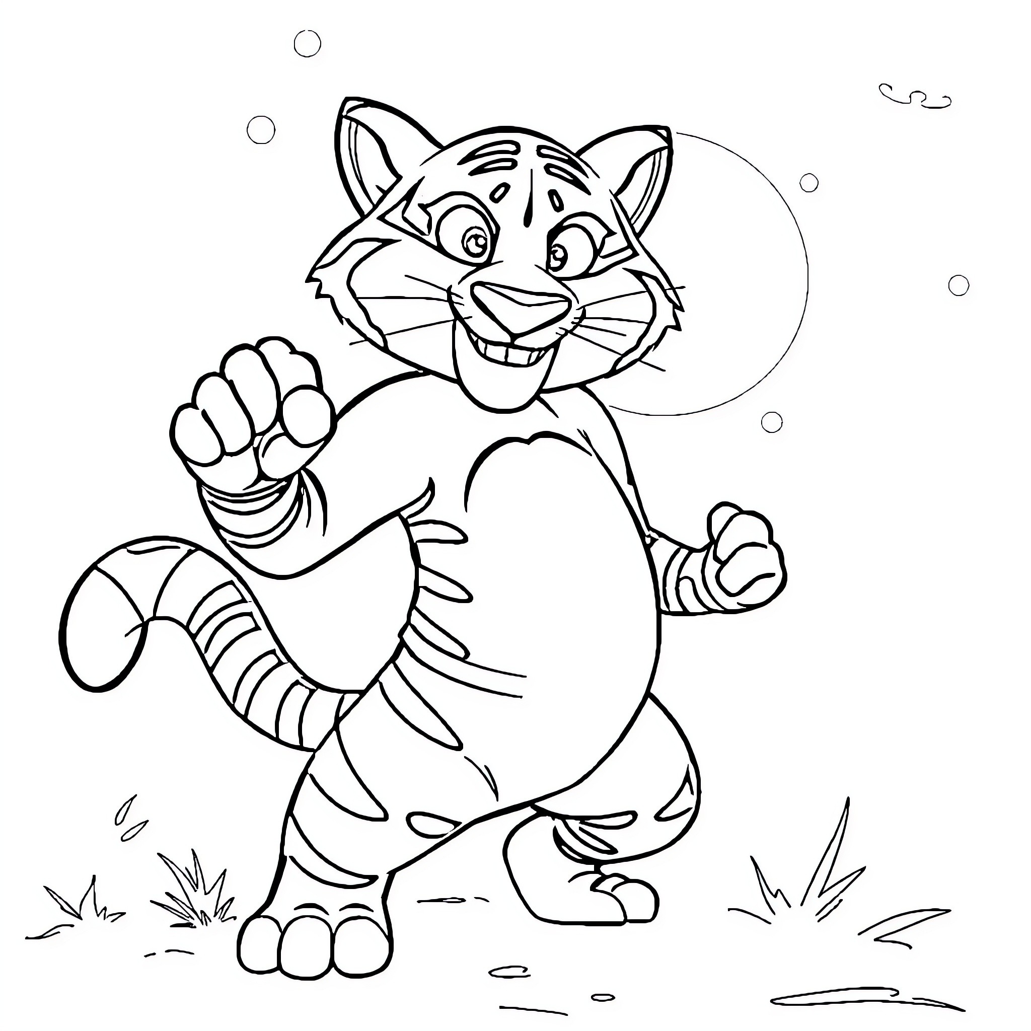 Tigress displaying cheerful expression and playful stance Coloring Page (free black-and-white line drawing printable PDF for all, from beginners to advanced learners, including children, teens, adults, and seniors)