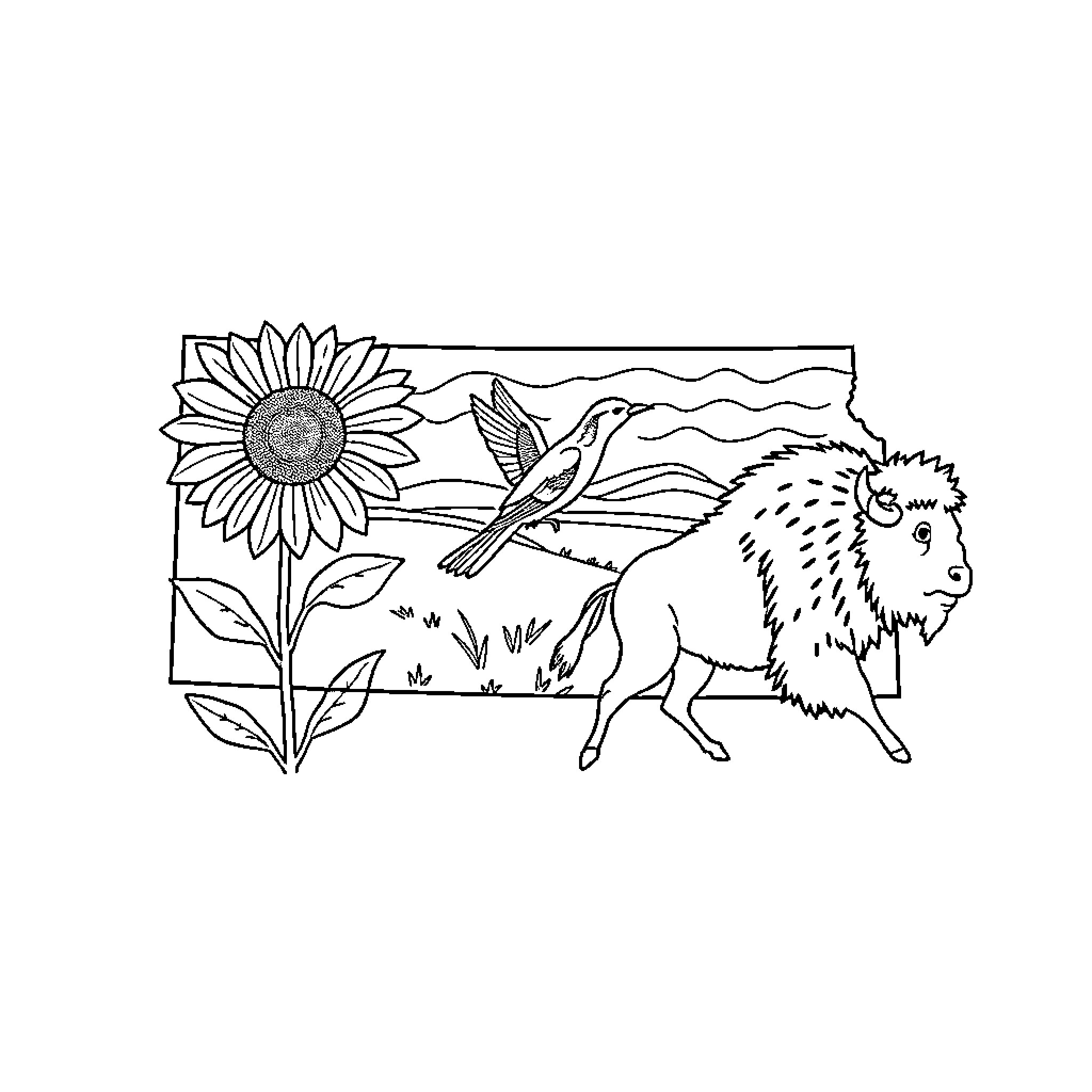 Kansas Sunflower and Prairie Animal Scene Coloring Page (free black-and-white line drawing printable PDF for all, from beginners to advanced learners, including children, teens, adults, and seniors)
