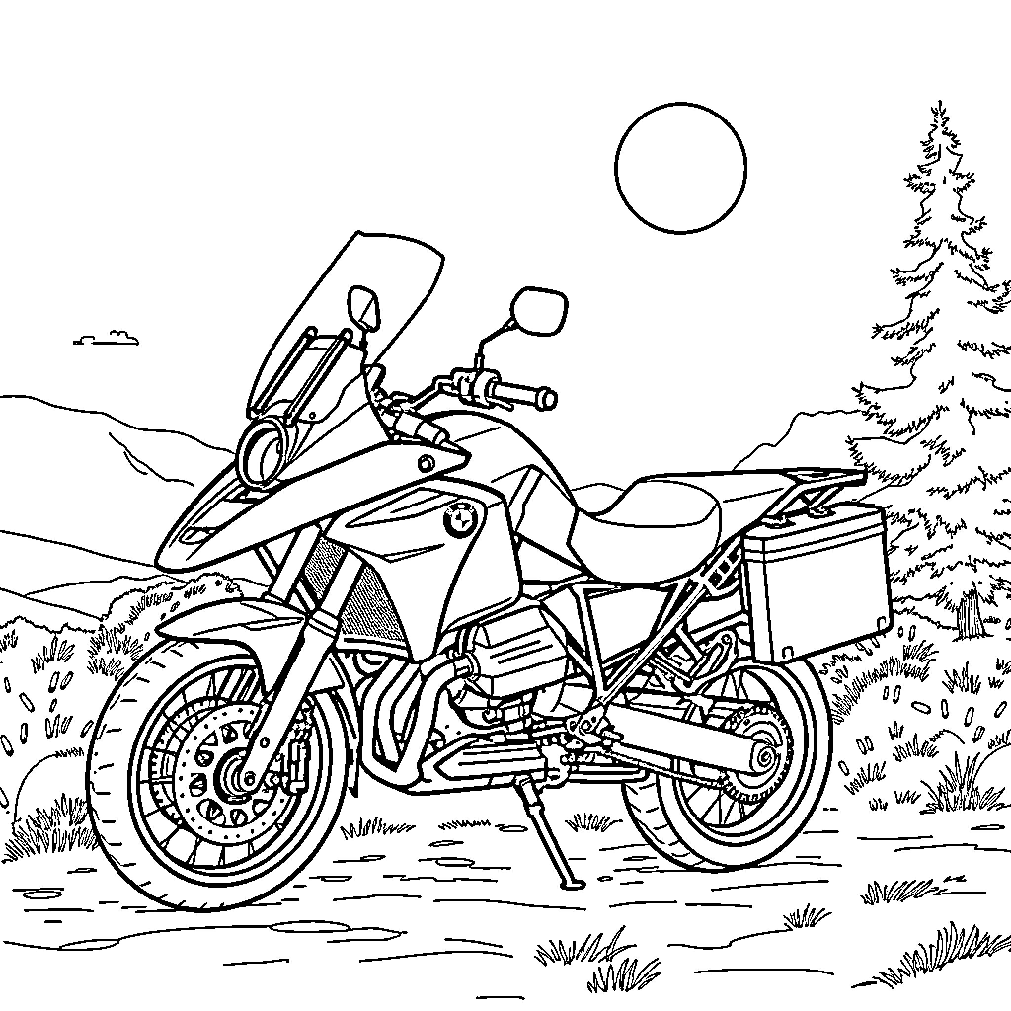 BMW R1300 GS Adventure Motorcycle in the Wilderness Coloring Page (free black-and-white line drawing printable PDF for all, from beginners to advanced learners, including children, teens, adults, and seniors)