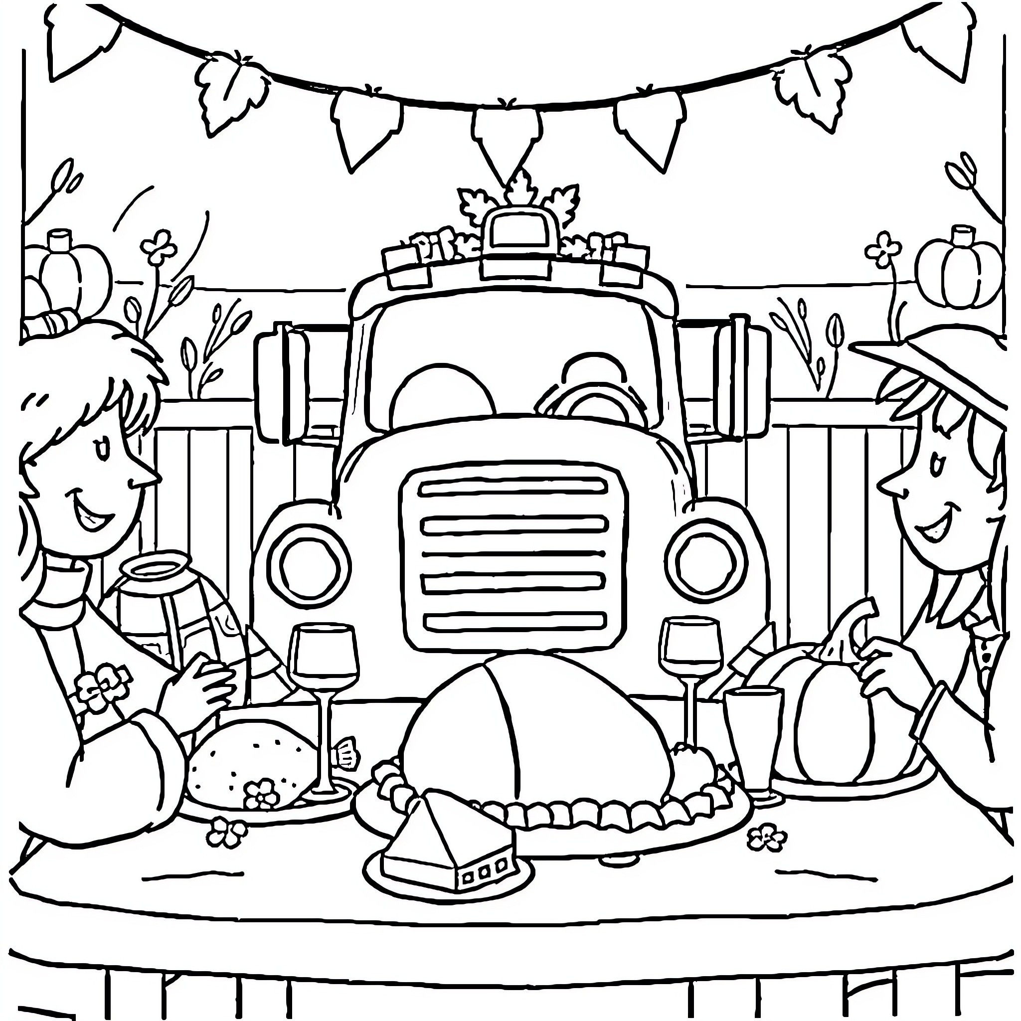 Truck carrying celebration feast with decorations Coloring Page (free black-and-white line drawing printable PDF for all, from beginners to advanced learners, including children, teens, adults, and seniors)
