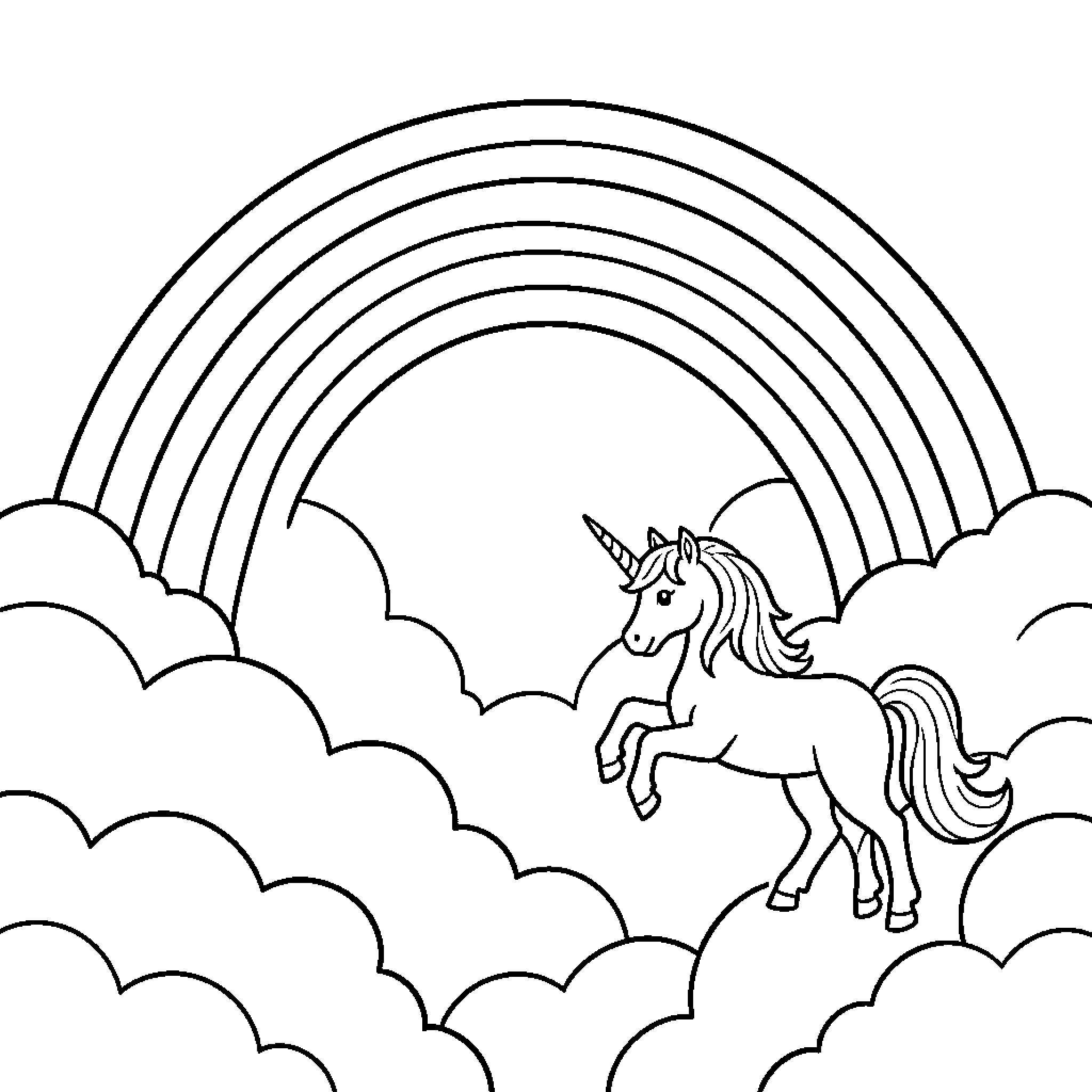 Unicorn leaping joyfully among fluffy clouds and a rainbow Coloring Page (free black-and-white line drawing printable PDF for all, from beginners to advanced learners, including children, teens, adults, and seniors)