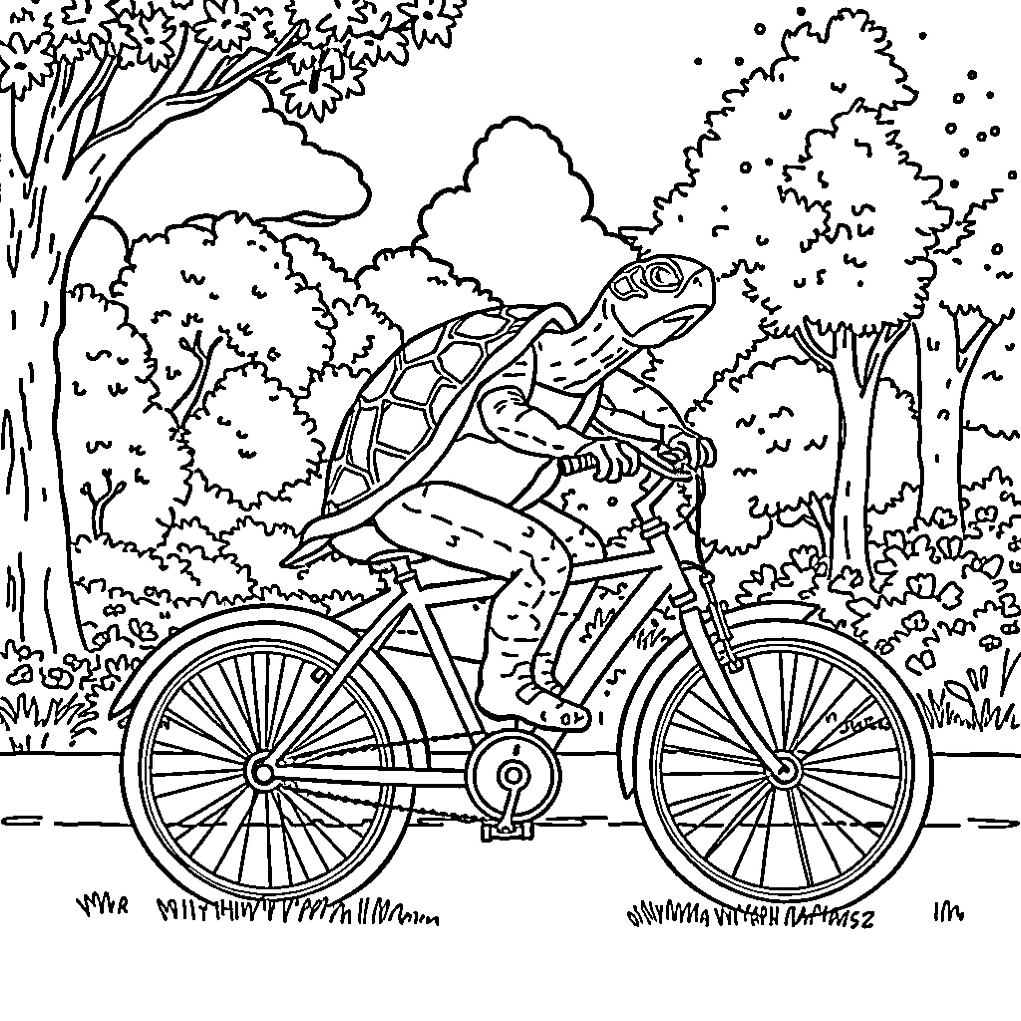 Turtle riding a bicycle in the forest Coloring Page (free black-and-white line drawing printable PDF for all, from beginners to advanced learners, including children, teens, adults, and seniors)