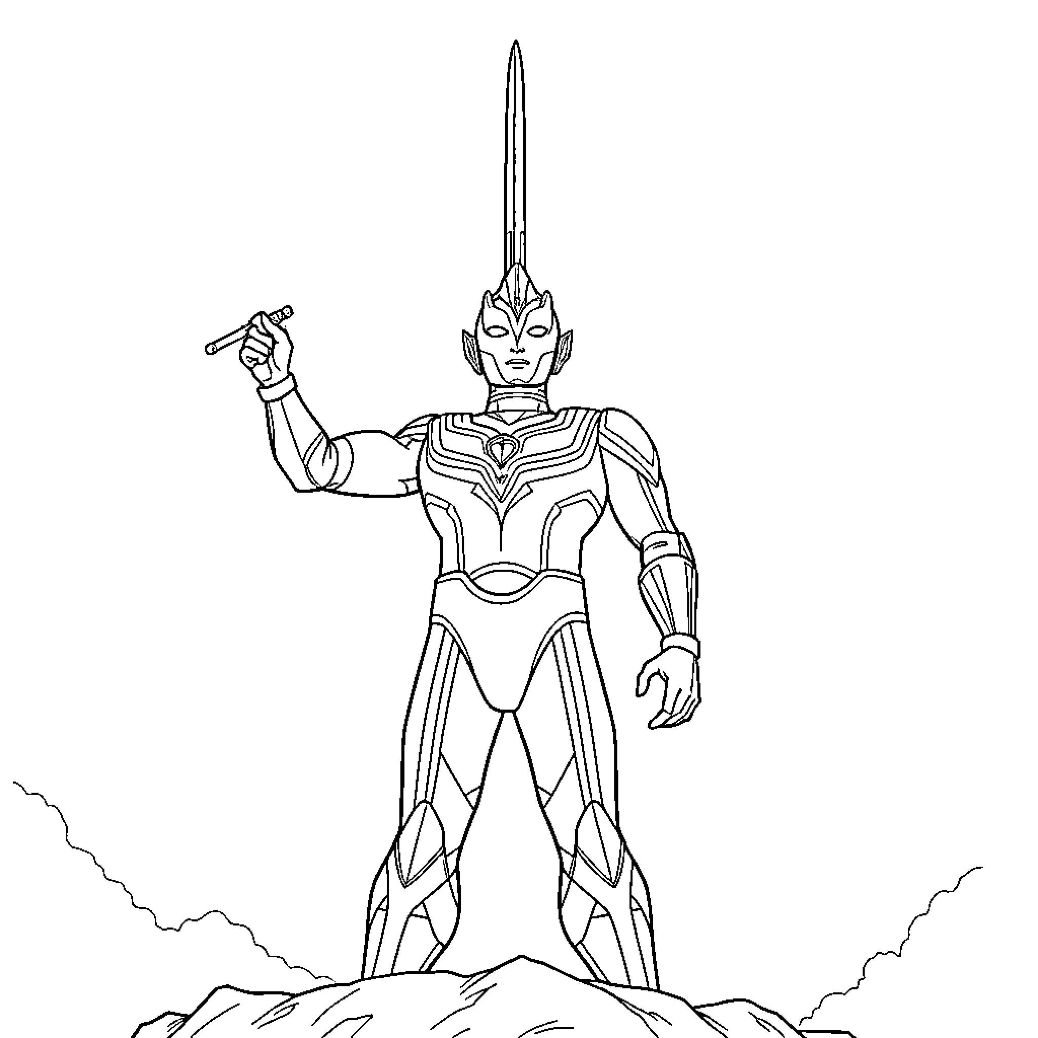 Ultraman heroically stands ready to defend the Earth Coloring Page (free black-and-white line drawing printable PDF for all, from beginners to advanced learners, including children, teens, adults, and seniors)
