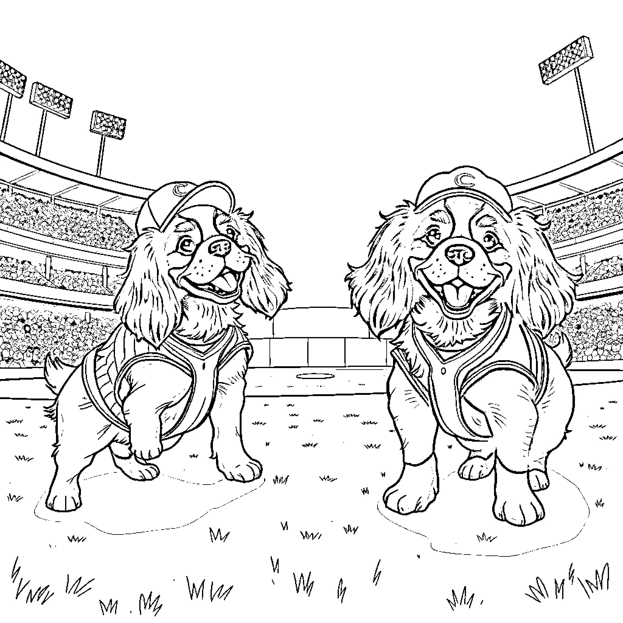 Cavalier King Charles Spaniels playing happily on the field Coloring Page (free black-and-white line drawing printable PDF for all, from beginners to advanced learners, including children, teens, adults, and seniors)
