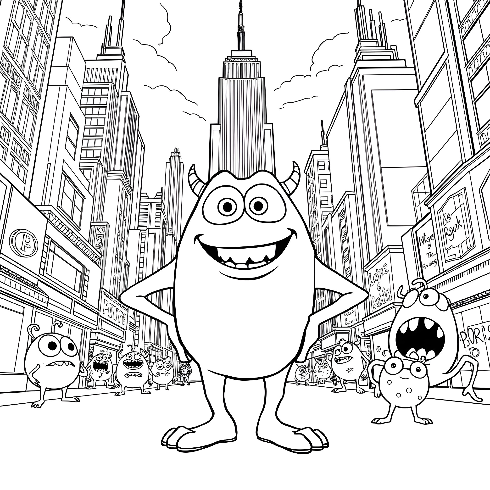 Mike and the Monstrous City Spectacle Coloring Page (free black-and-white line drawing printable PDF for all, from beginners to advanced learners, including children, teens, adults, and seniors)