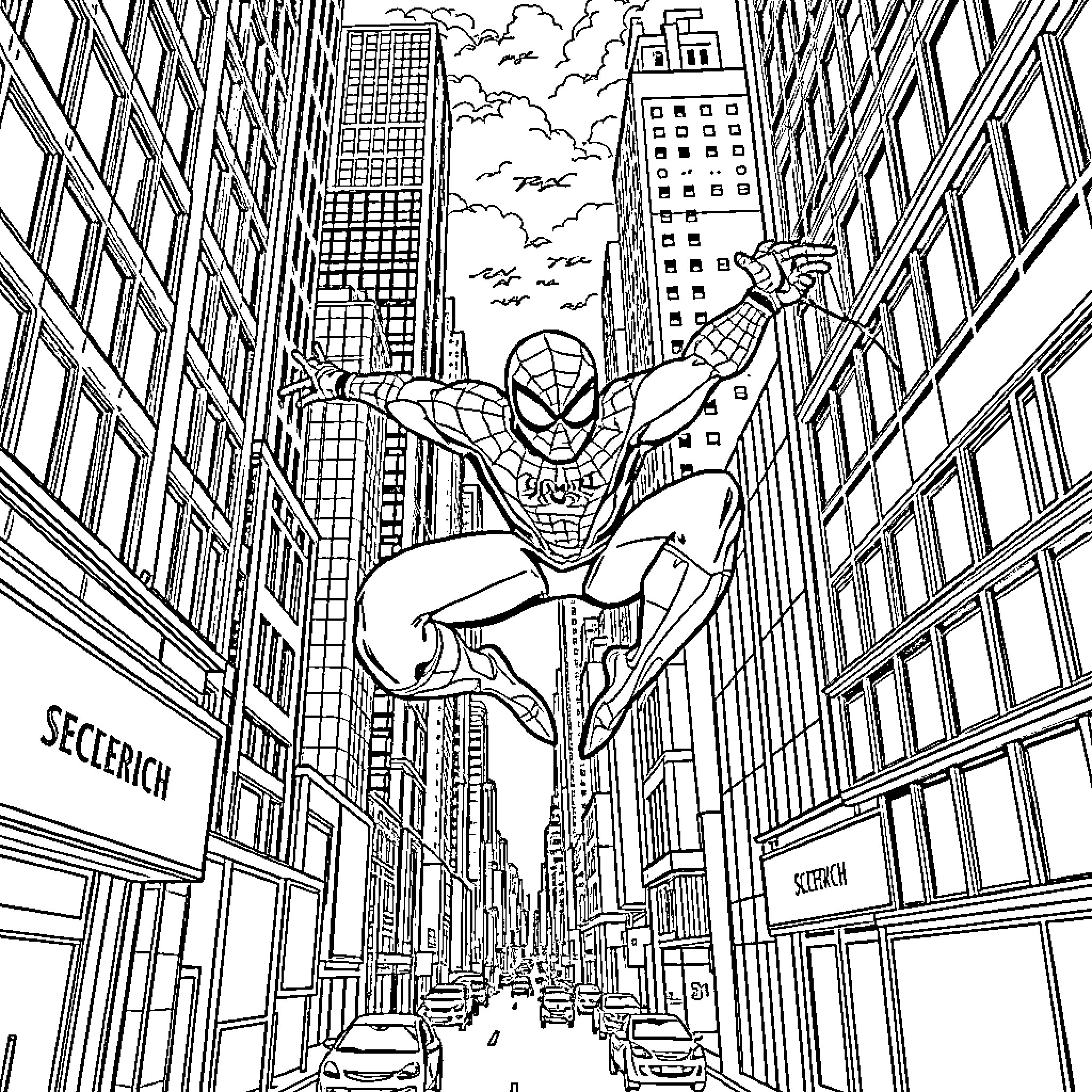 Spiderman swinging through the skyscrapers of the city Coloring Page (free black-and-white line drawing printable PDF for all, from beginners to advanced learners, including children, teens, adults, and seniors)