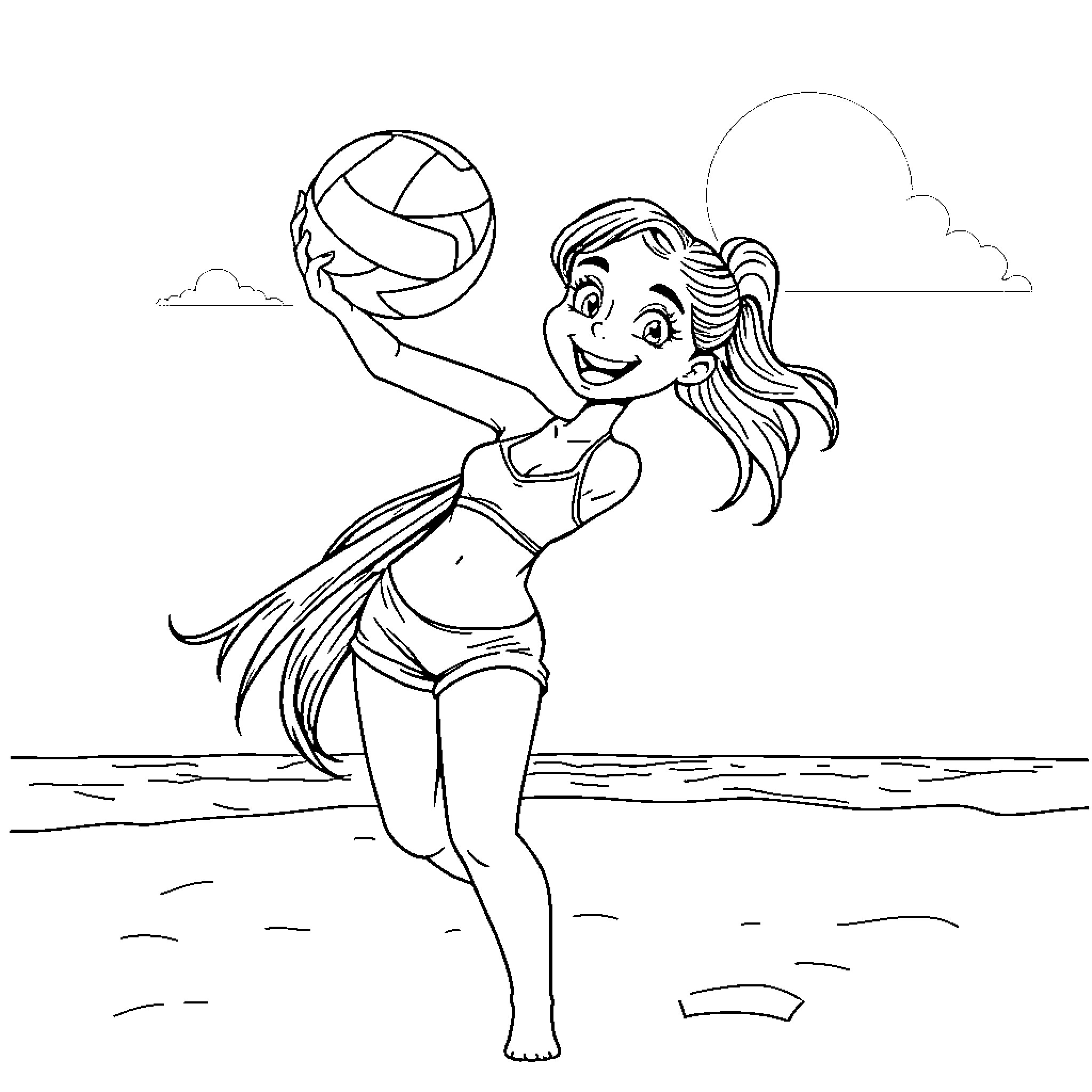 Girl playing volleyball on the beach Coloring Page (free black-and-white line drawing printable PDF for all, from beginners to advanced learners, including children, teens, adults, and seniors)