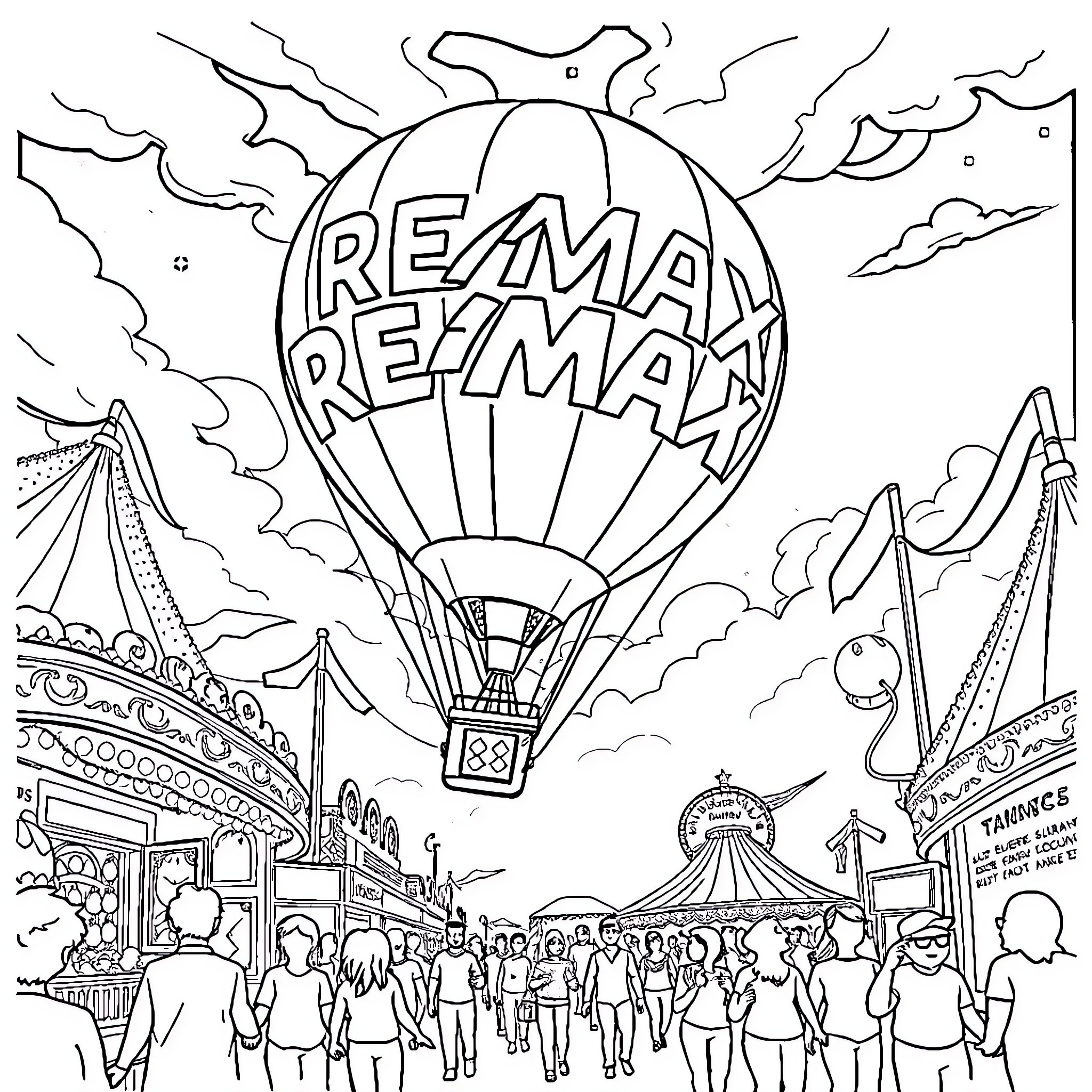 Balloon festival with lively crowd and performers Coloring Page (free black-and-white line drawing printable PDF for all, from beginners to advanced learners, including children, teens, adults, and seniors)