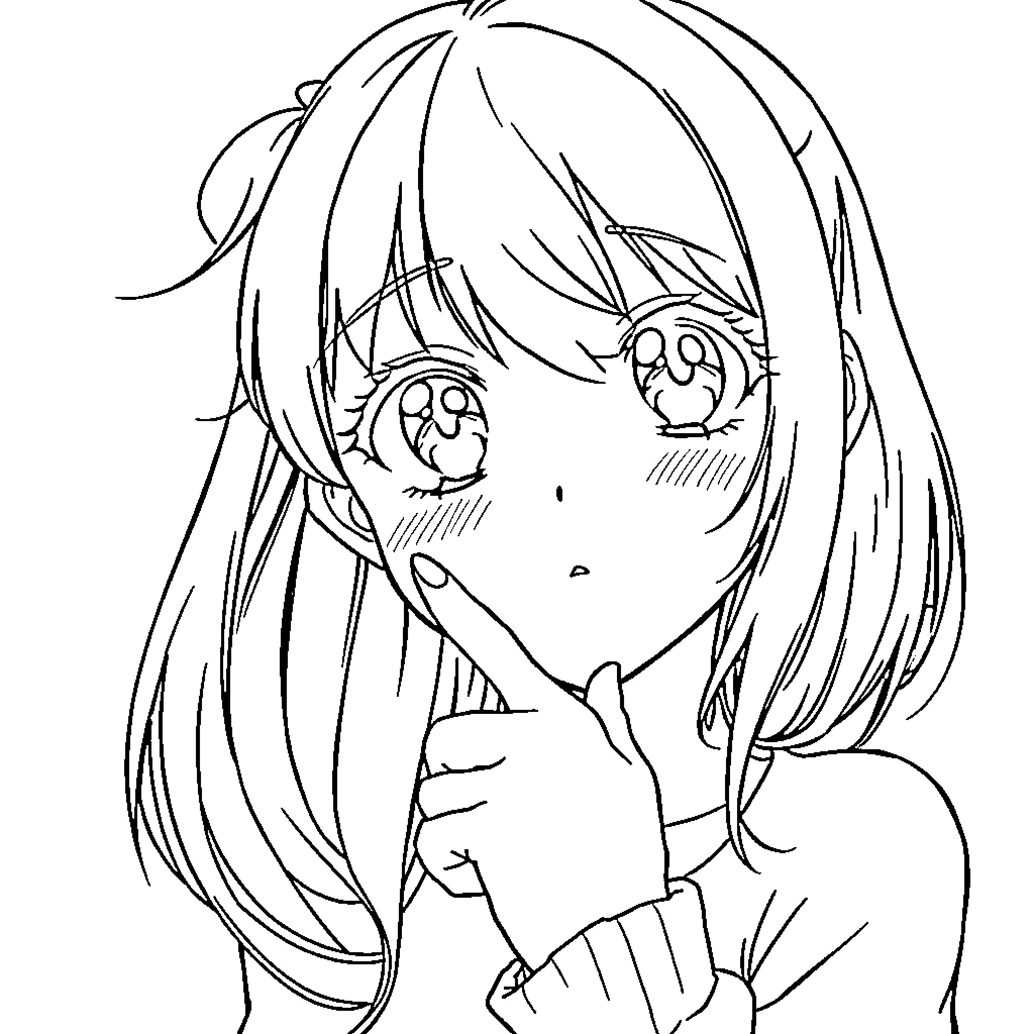 Anime Girl with Expressive Eyes and Thoughtful Expression Coloring Page (free black-and-white line drawing printable PDF for all, from beginners to advanced learners, including children, teens, adults, and seniors)