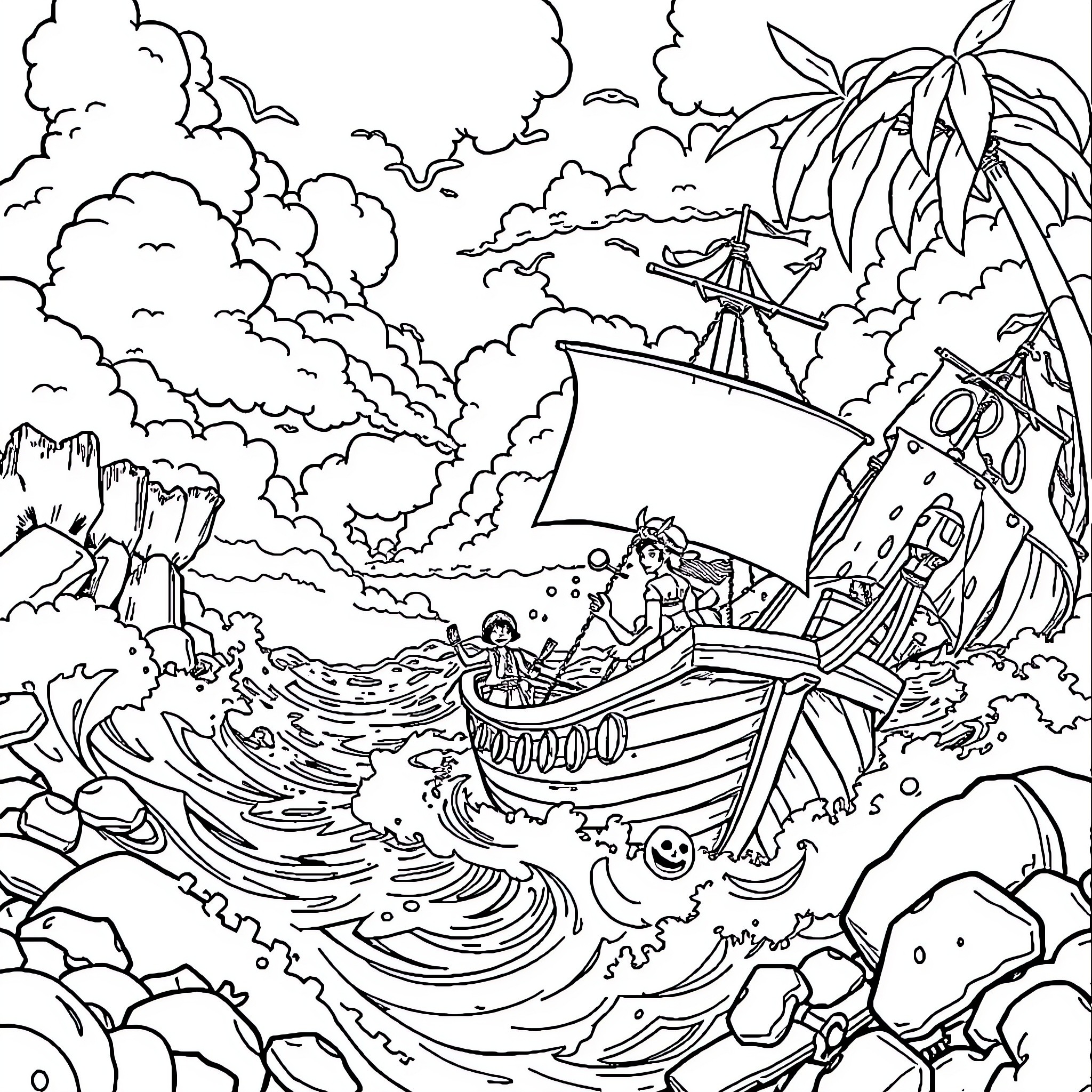 One Piece: Pirate Ship Sailing Through Stormy Seas Coloring Page (free black-and-white line drawing printable PDF for all, from beginners to advanced learners, including children, teens, adults, and seniors)