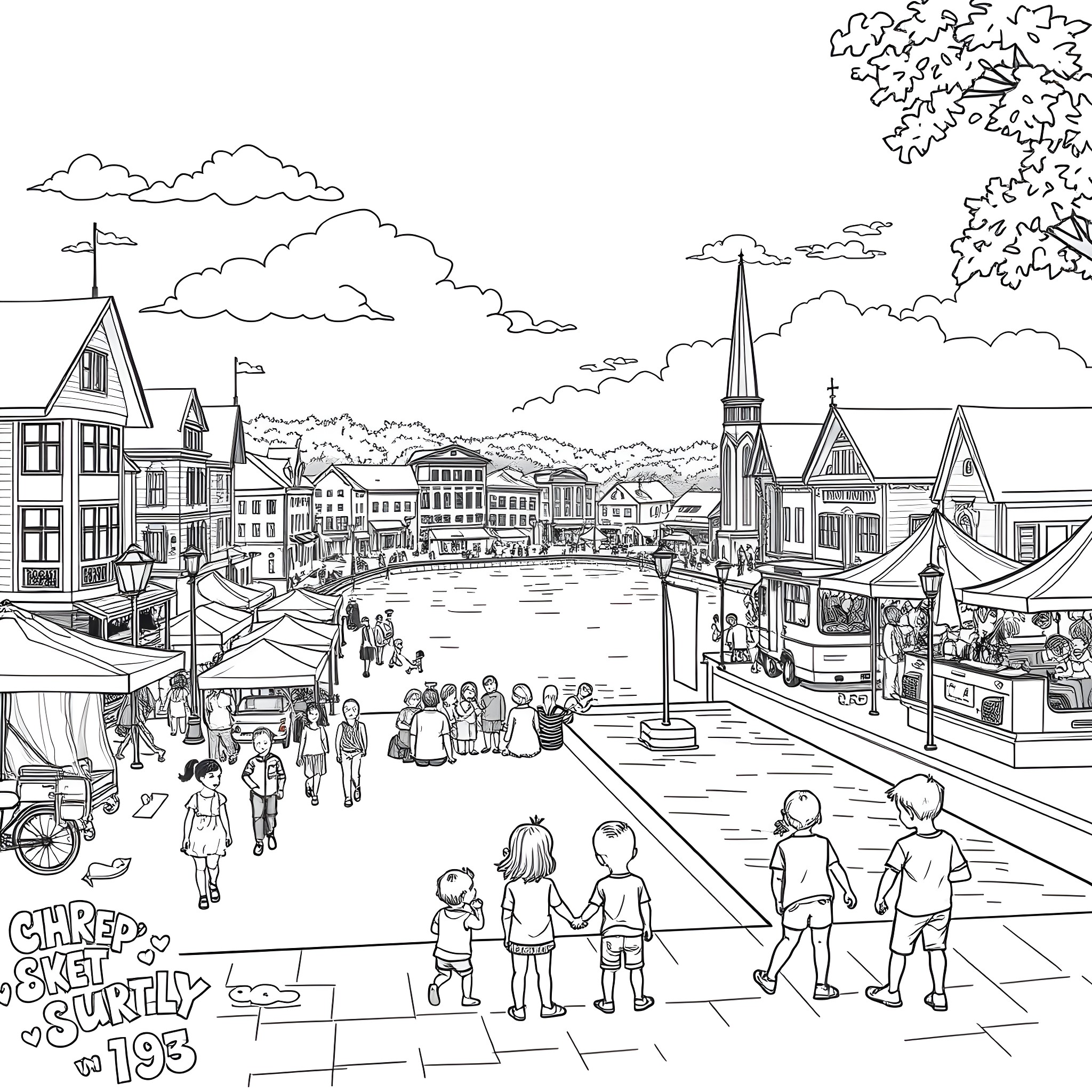 Oshkosh: A Bustling Town Scene with Diverse Activities Coloring Page (free black-and-white line drawing printable PDF for all, from beginners to advanced learners, including children, teens, adults, and seniors)