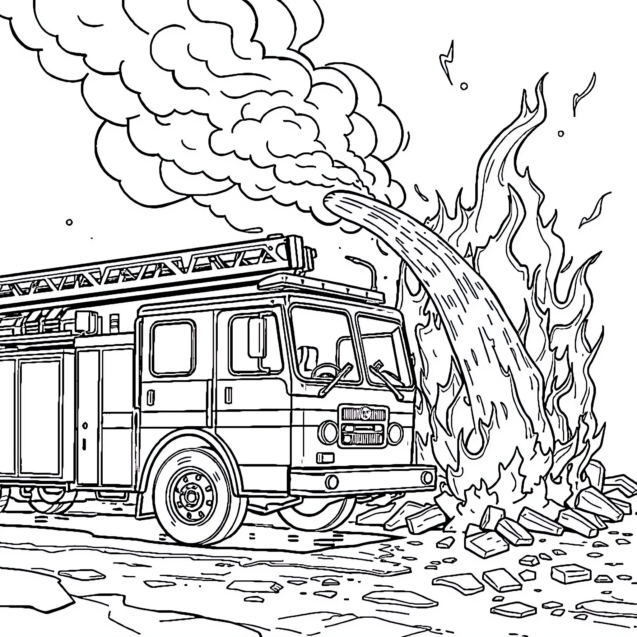 Fire Engine Responding to Blazing Emergency Situation Coloring Page (free black-and-white line drawing printable PDF for all, from beginners to advanced learners, including children, teens, adults, and seniors)