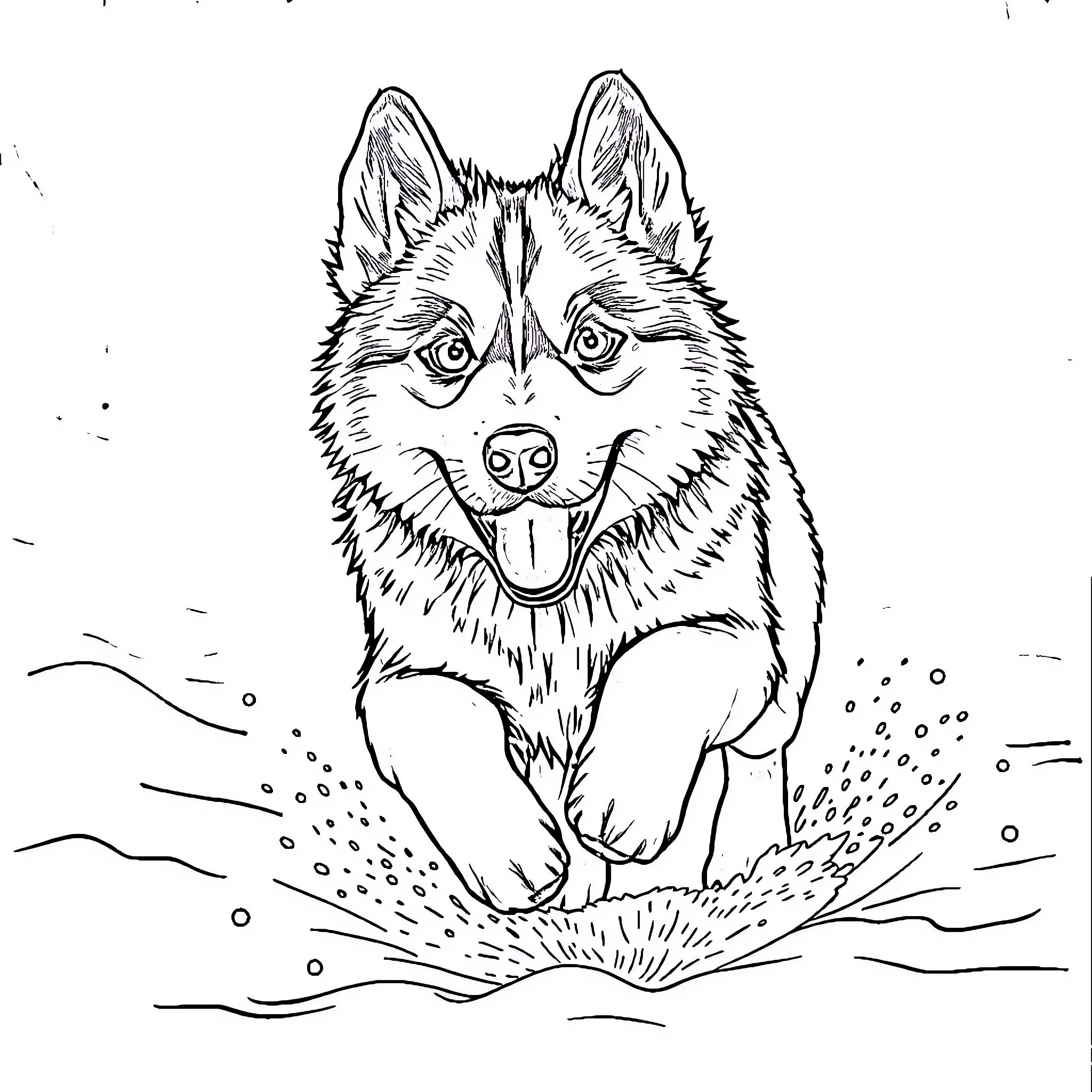 Husky playing joyfully in the snow Coloring Page (free black-and-white line drawing printable PDF for all, from beginners to advanced learners, including children, teens, adults, and seniors)
