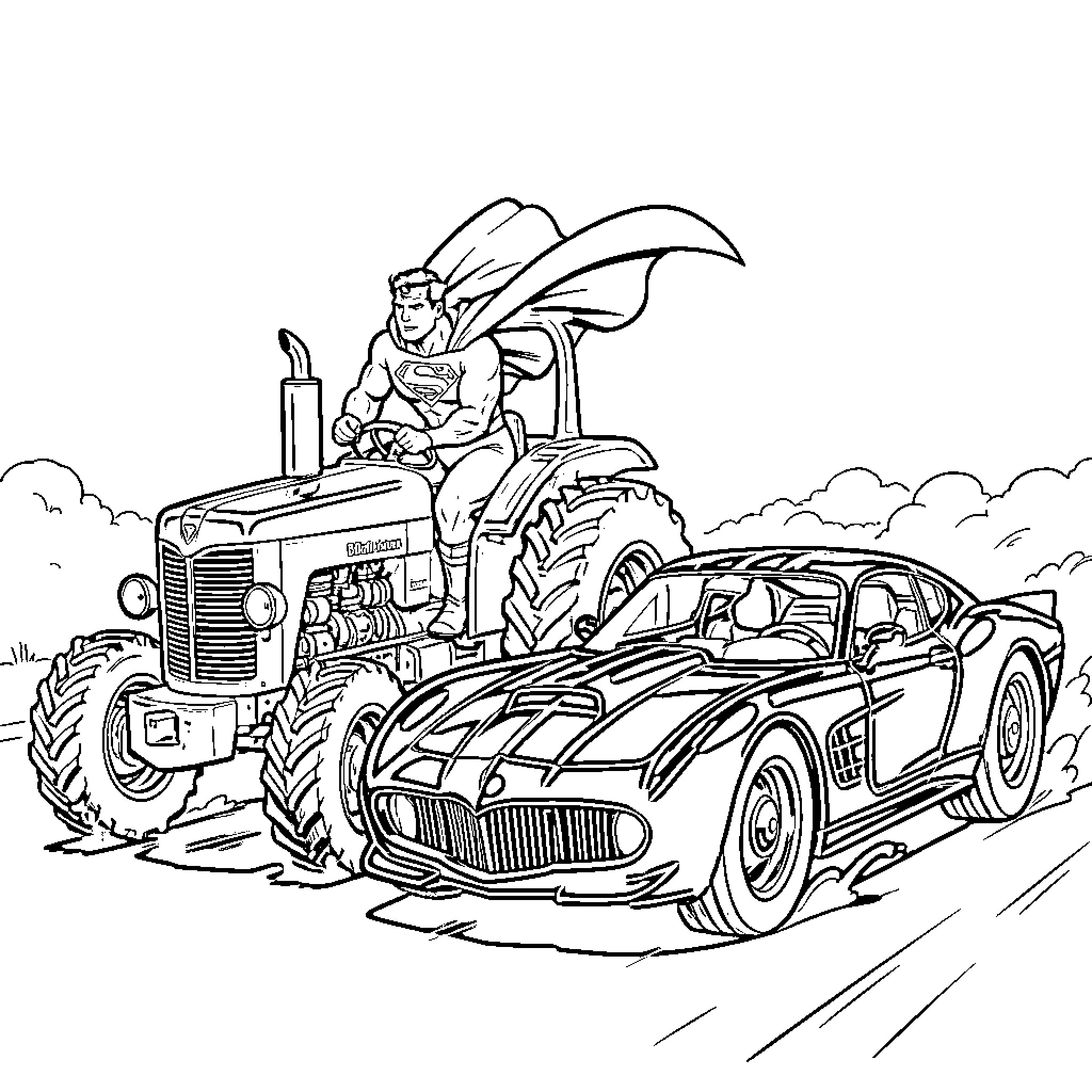 Superman's Tractor Adventure Coloring Page (free black-and-white line drawing printable PDF for all, from beginners to advanced learners, including children, teens, adults, and seniors)