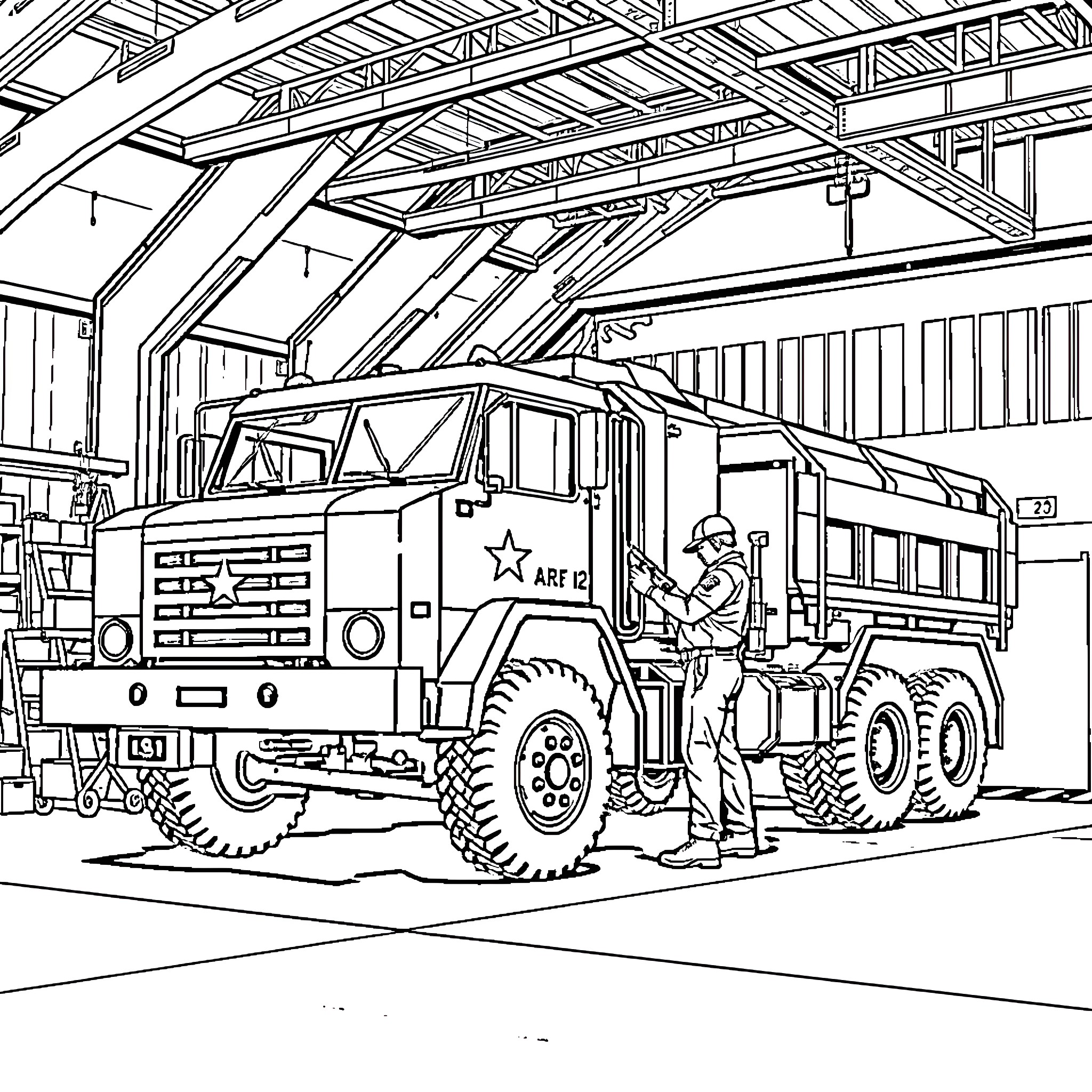 Vehicle carrying workers inside warehouse Coloring Page (free black-and-white line drawing printable PDF for all, from beginners to advanced learners, including children, teens, adults, and seniors)