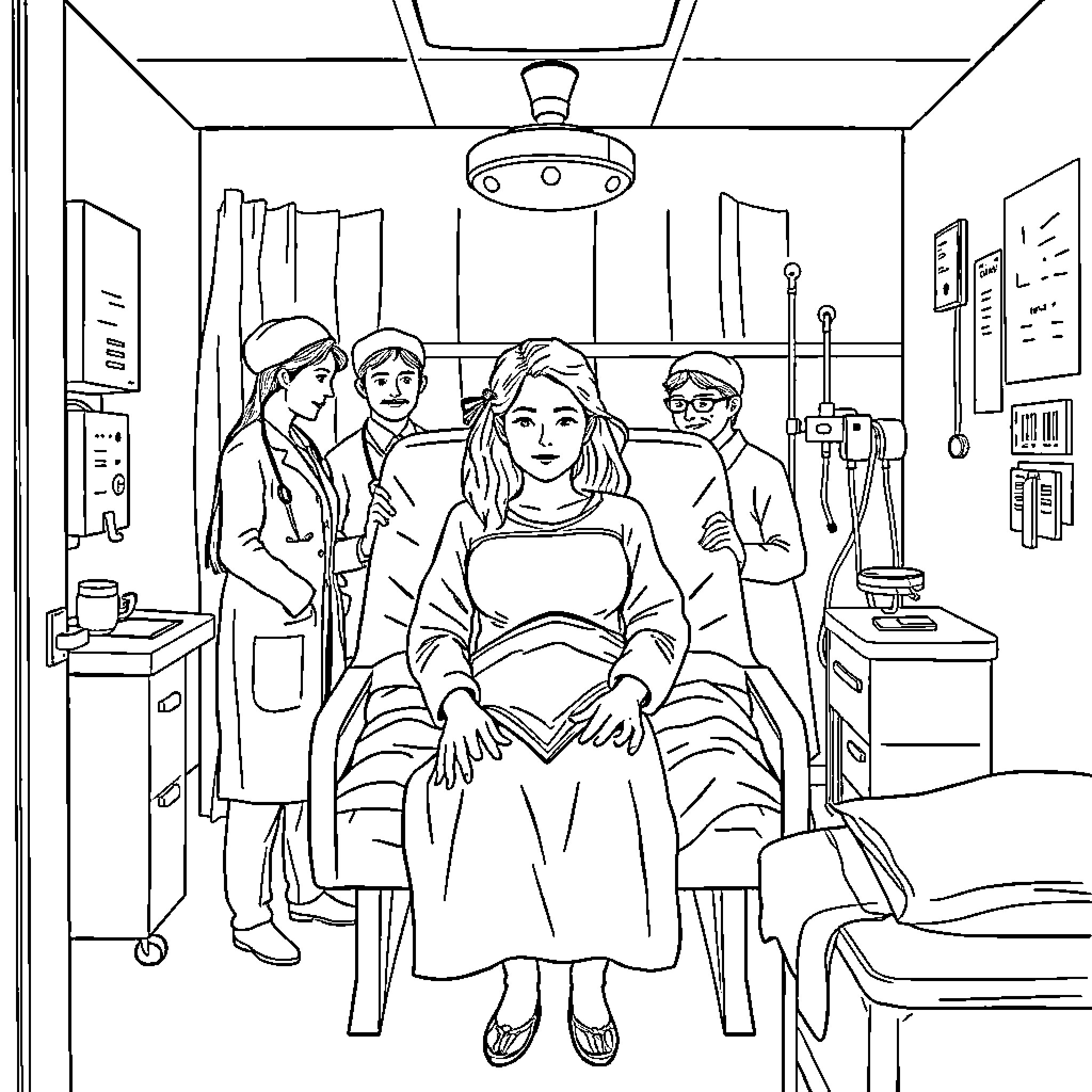 Woman Seeking Medical Attention in Hospital Room Coloring Page (free black-and-white line drawing printable PDF for all, from beginners to advanced learners, including children, teens, adults, and seniors)