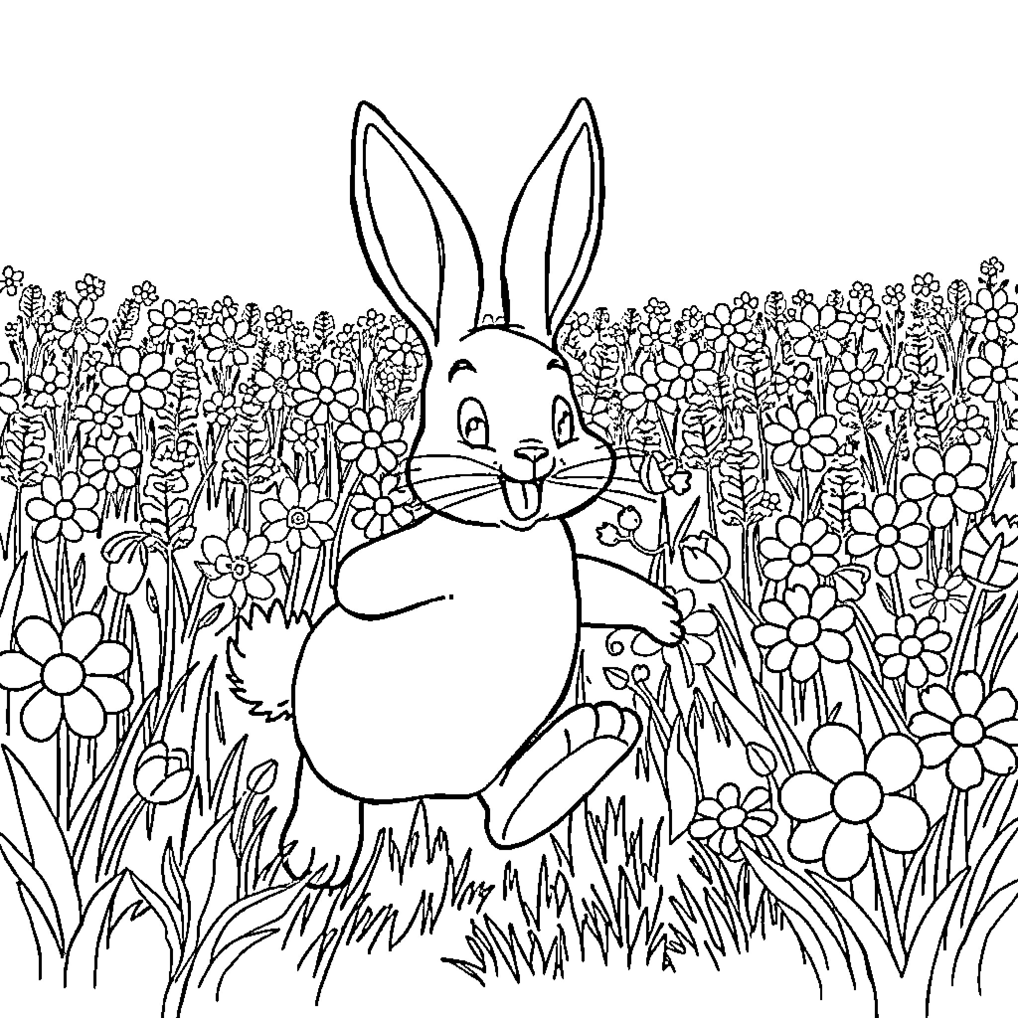 Easter Bunny frolicking in a flower-filled meadow Coloring Page (free black-and-white line drawing printable PDF for all, from beginners to advanced learners, including children, teens, adults, and seniors)