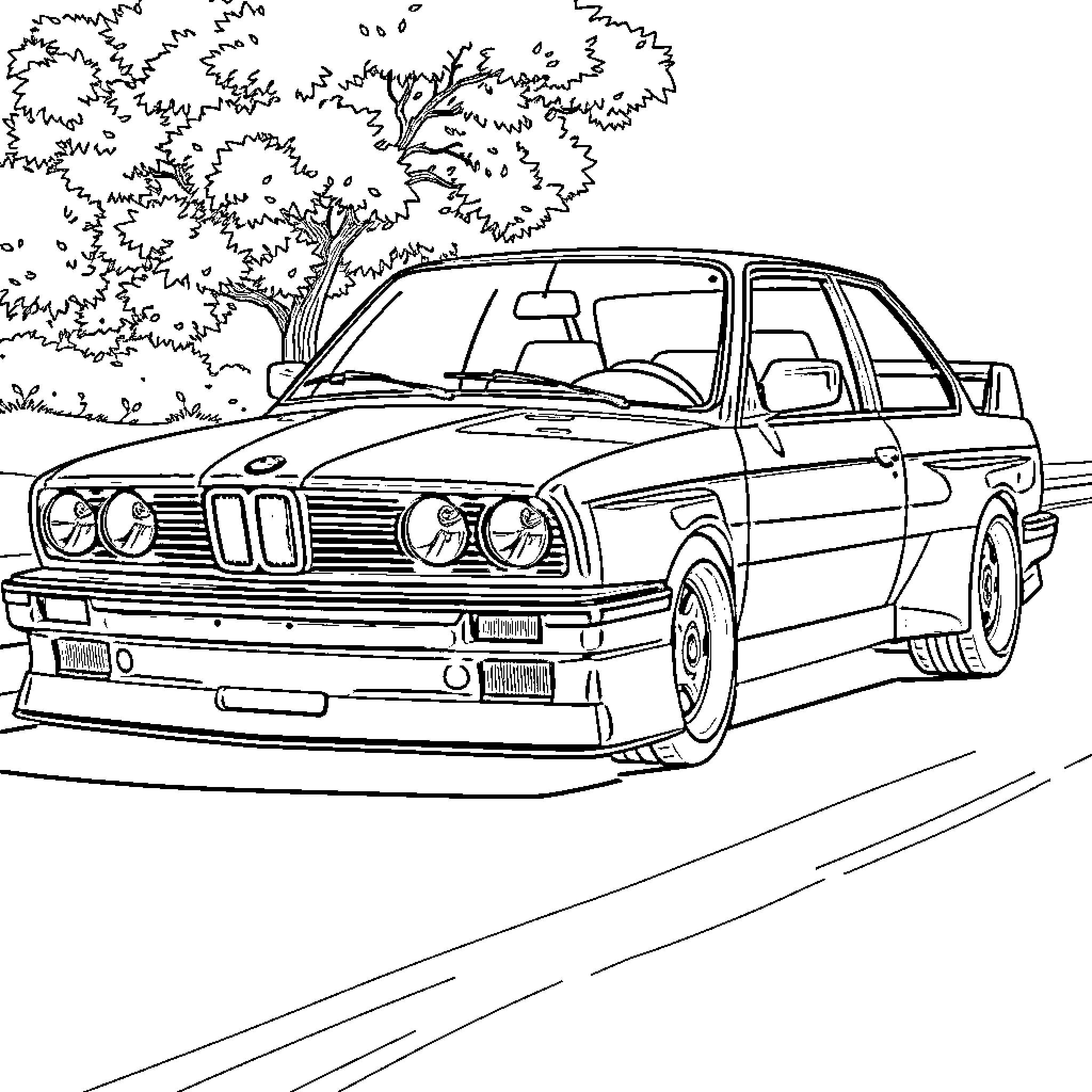 E30 M3 in a lush, forested setting Coloring Page (free black-and-white line drawing printable PDF for all, from beginners to advanced learners, including children, teens, adults, and seniors)