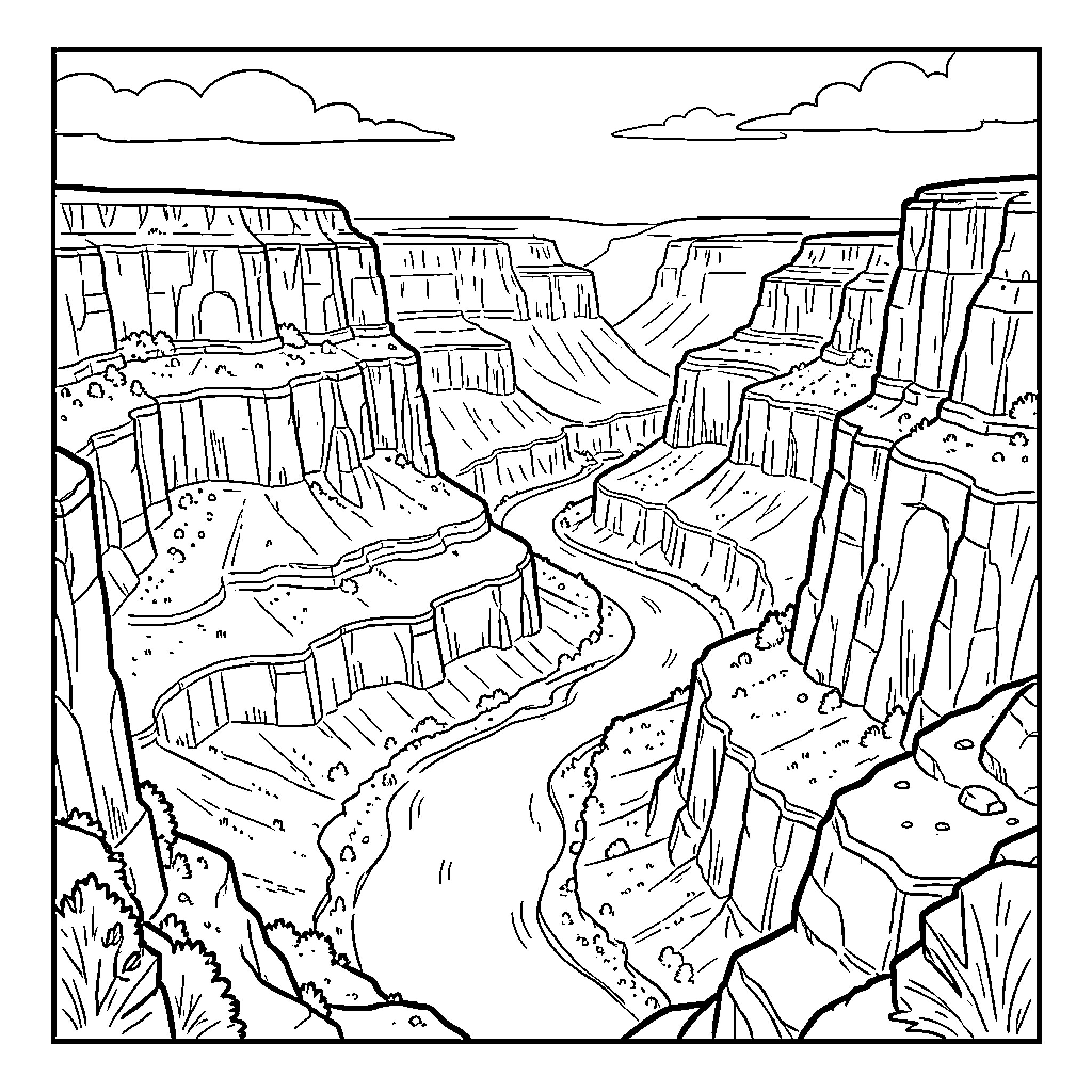 Canyon landscape with winding river Coloring Page (free black-and-white line drawing printable PDF for all, from beginners to advanced learners, including children, teens, adults, and seniors)