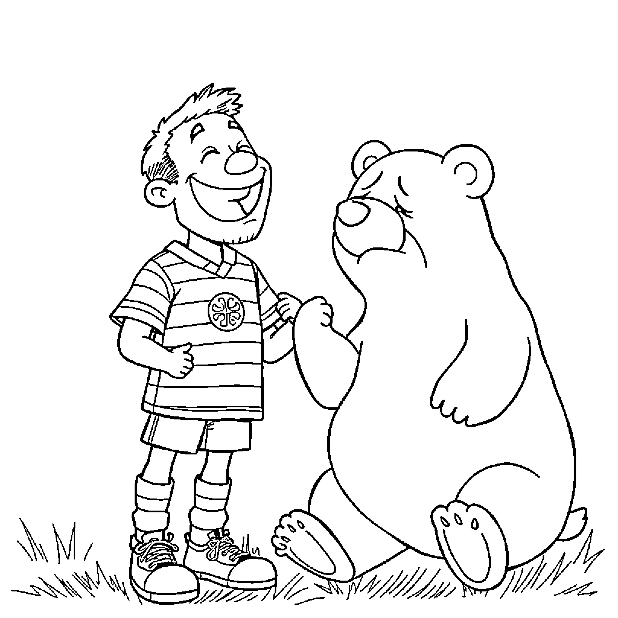 Football Player Interacting with Friendly Bear Coloring Page (free black-and-white line drawing printable PDF for all, from beginners to advanced learners, including children, teens, adults, and seniors)