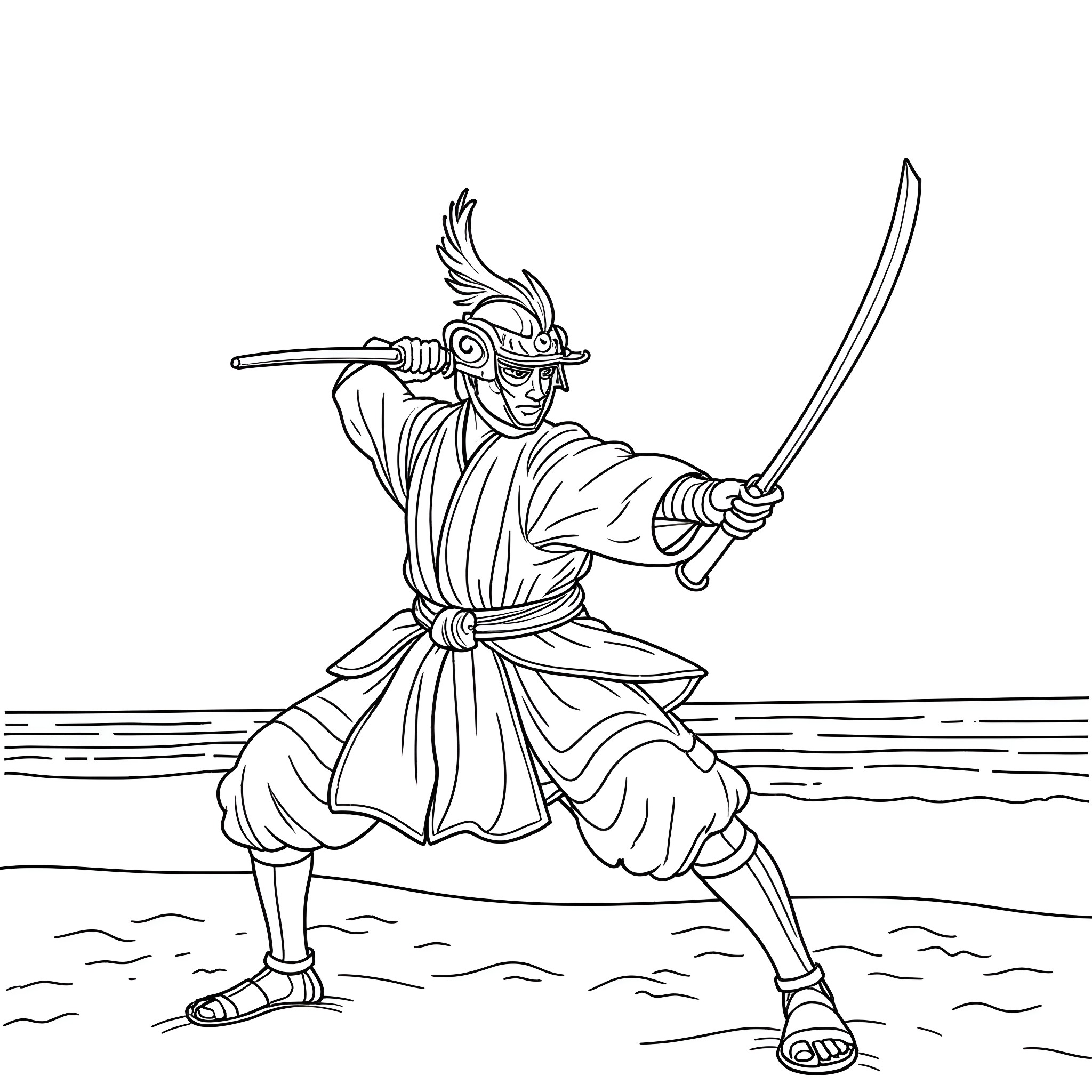 Samurai warrior in fierce battle stance Coloring Page (free black-and-white line drawing printable PDF for all, from beginners to advanced learners, including children, teens, adults, and seniors)