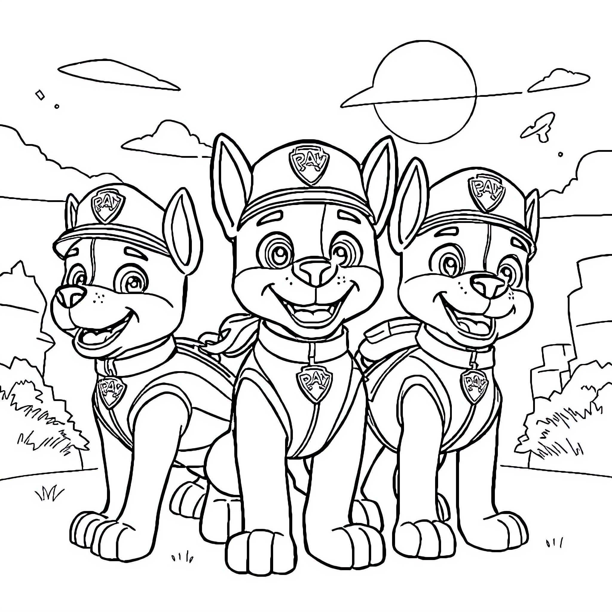 Patrol Pups on Duty in Cartoon Landscape Coloring Page (free black-and-white line drawing printable PDF for all, from beginners to advanced learners, including children, teens, adults, and seniors)
