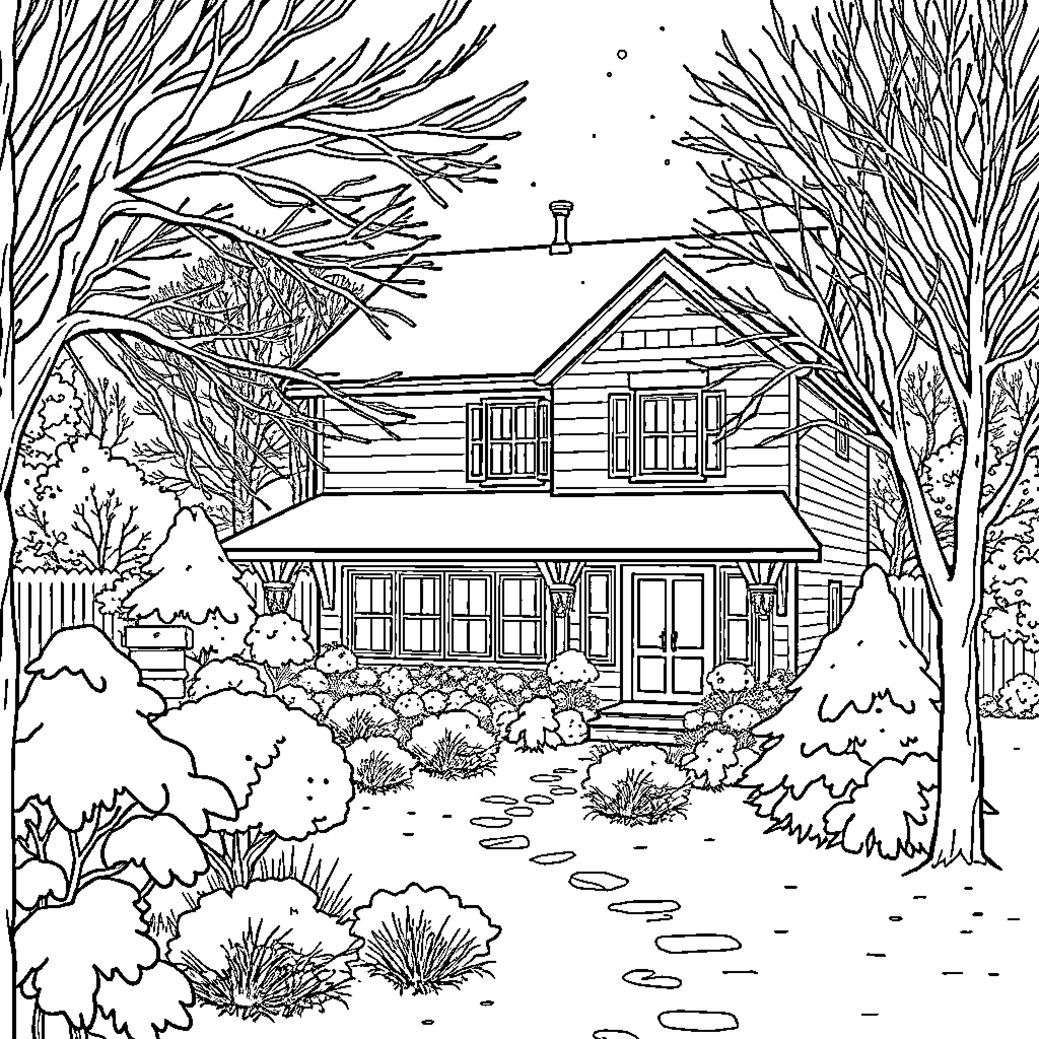 House in Snowy Winter Landscape with Trees Coloring Page (free black-and-white line drawing printable PDF for all, from beginners to advanced learners, including children, teens, adults, and seniors)