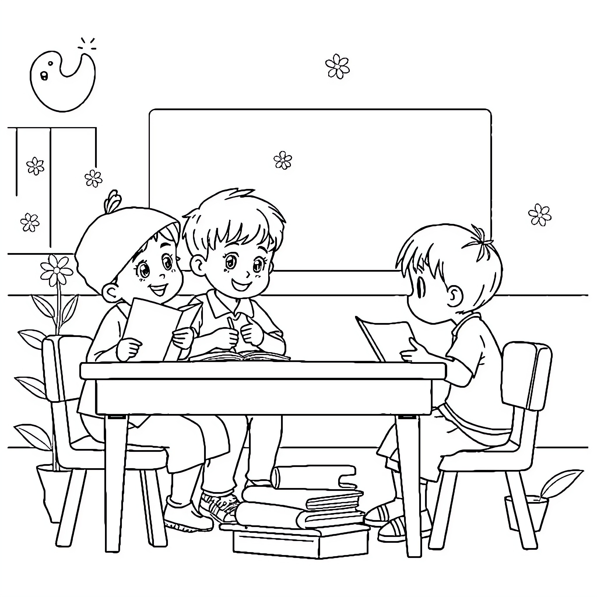 Anak Studying Together with Friends Coloring Page (free black-and-white line drawing printable PDF for all, from beginners to advanced learners, including children, teens, adults, and seniors)