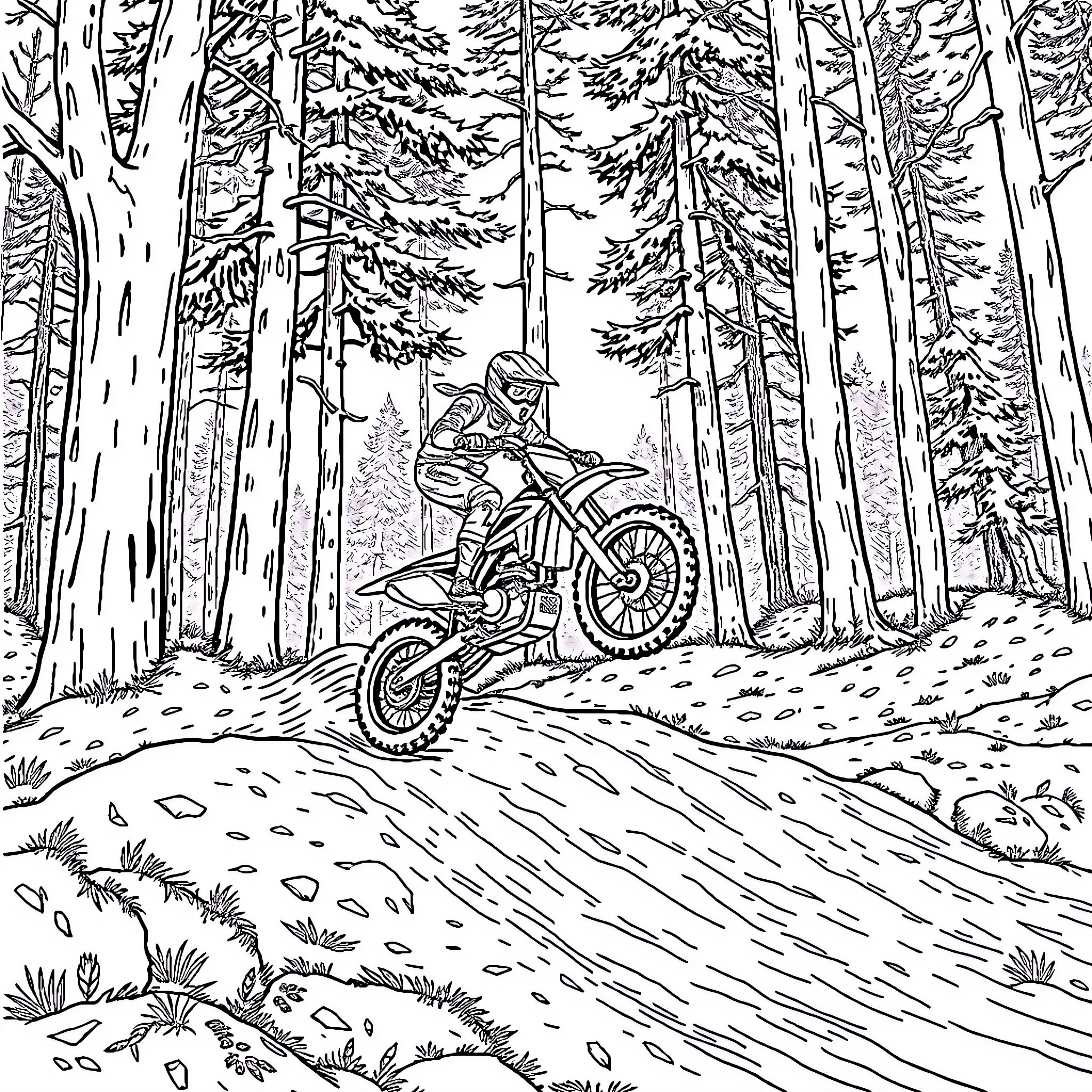 Crossmotor rider speeding through forest trail Coloring Page (free black-and-white line drawing printable PDF for all, from beginners to advanced learners, including children, teens, adults, and seniors)