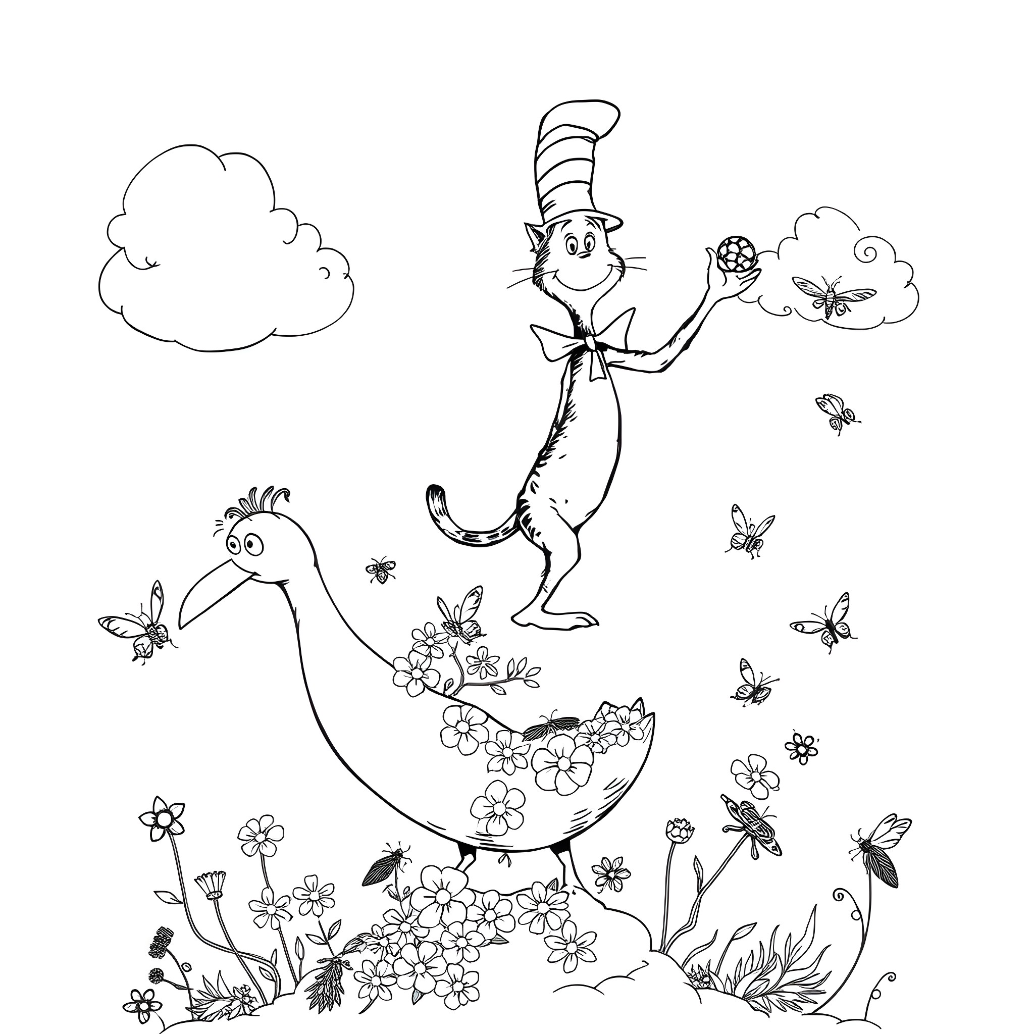Cat in the Hat plays with butterflies in flowery field Coloring Page (free black-and-white line drawing printable PDF for all, from beginners to advanced learners, including children, teens, adults, and seniors)
