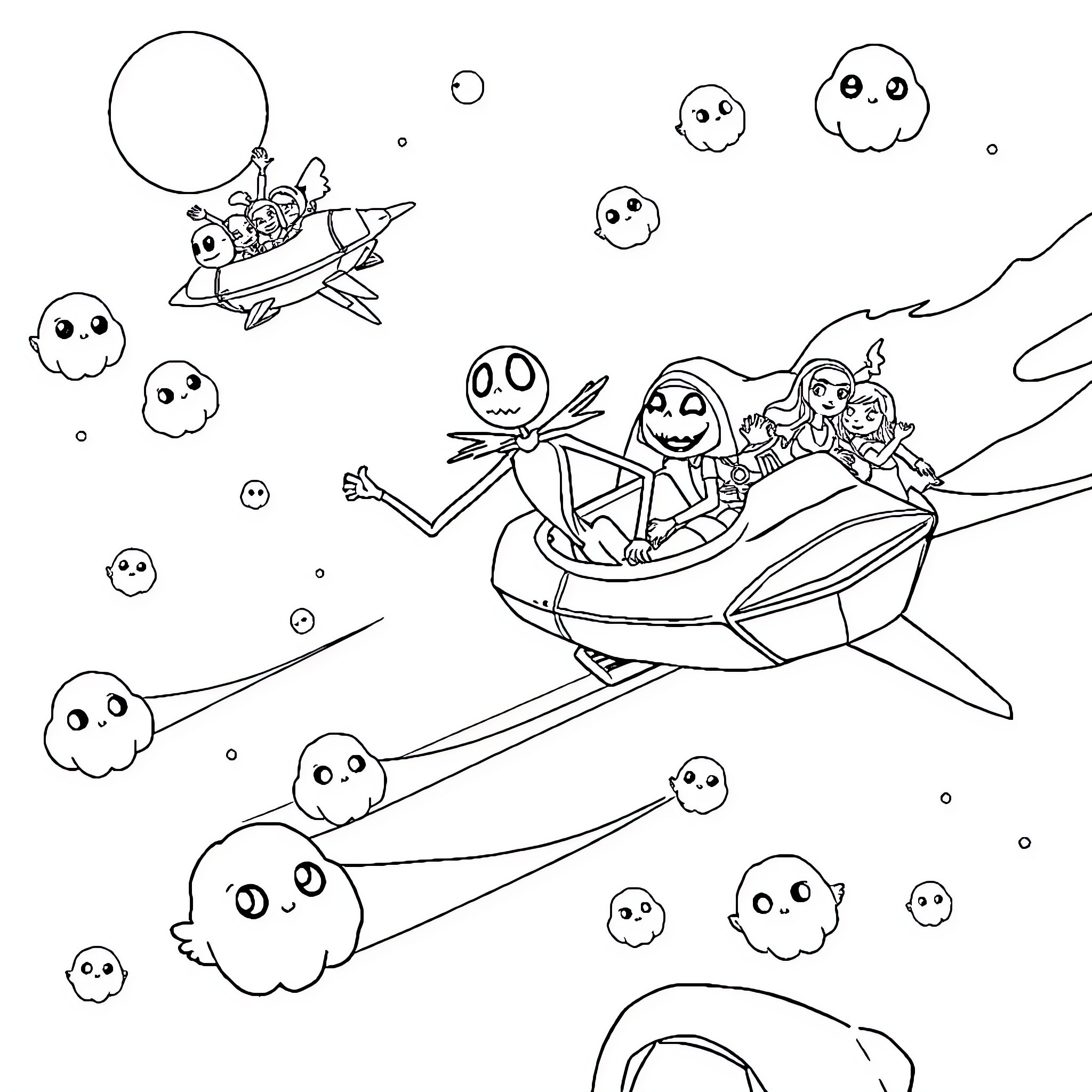 Jack Skellington and friends explore the cosmos in a spaceship Coloring Page (free black-and-white line drawing printable PDF for all, from beginners to advanced learners, including children, teens, adults, and seniors)