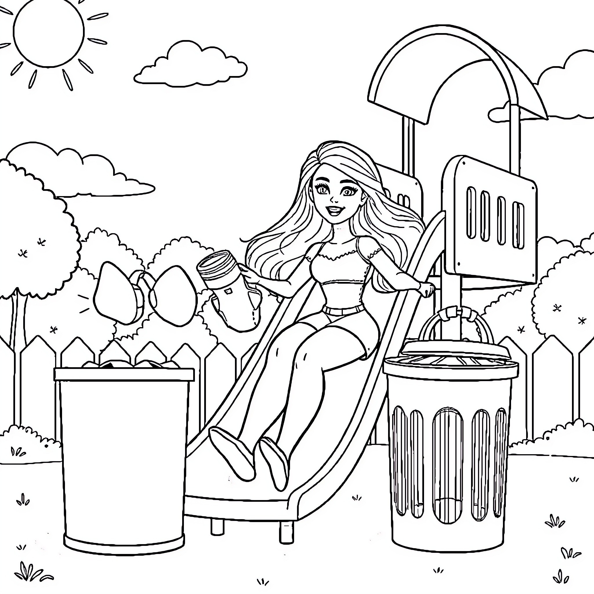 Barbie relaxing on outdoor lounge chair Coloring Page (free black-and-white line drawing printable PDF for all, from beginners to advanced learners, including children, teens, adults, and seniors)