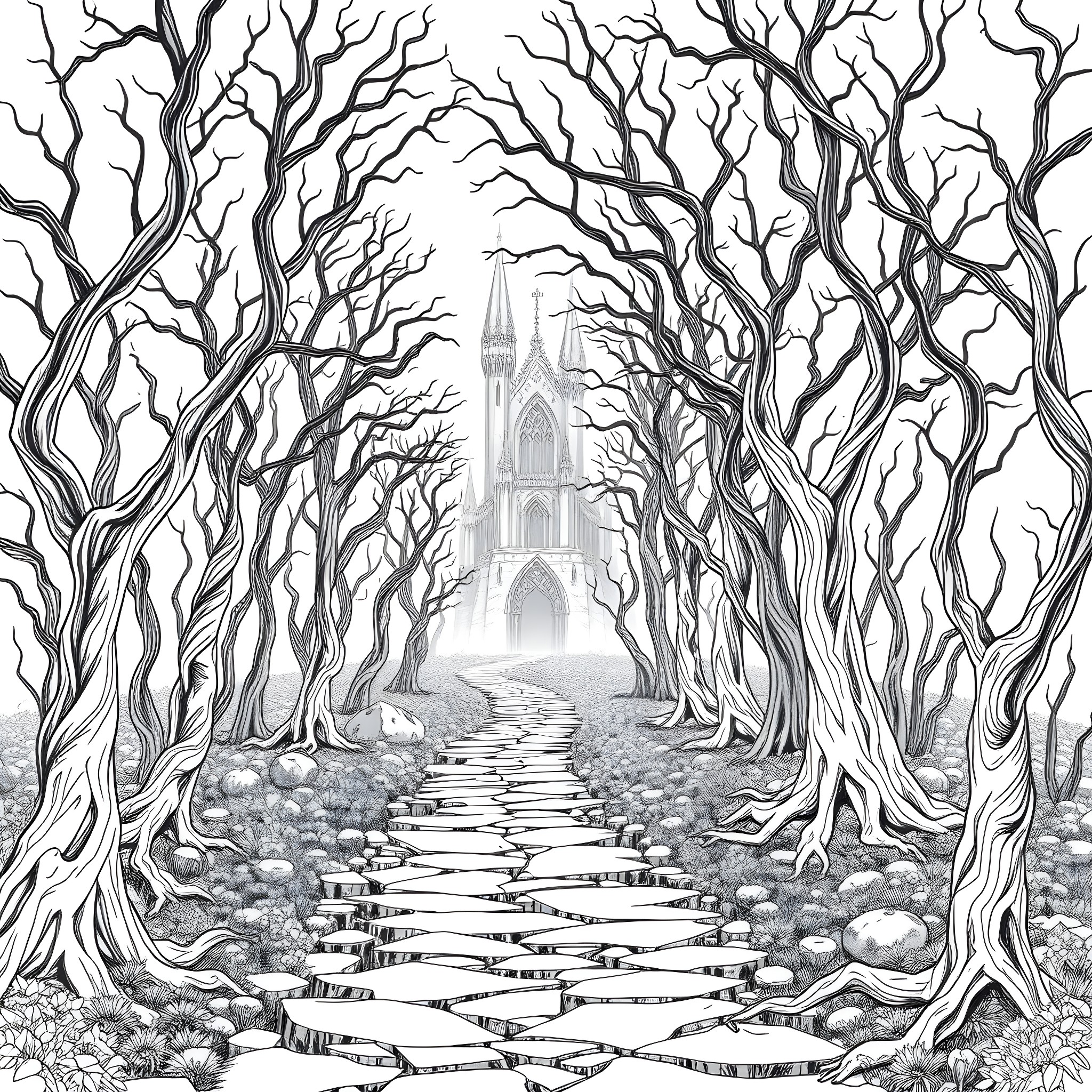 Carcosa - Enchanted Forest Pathway to Mysterious Castle Coloring Page (free black-and-white line drawing printable PDF for all, from beginners to advanced learners, including children, teens, adults, and seniors)