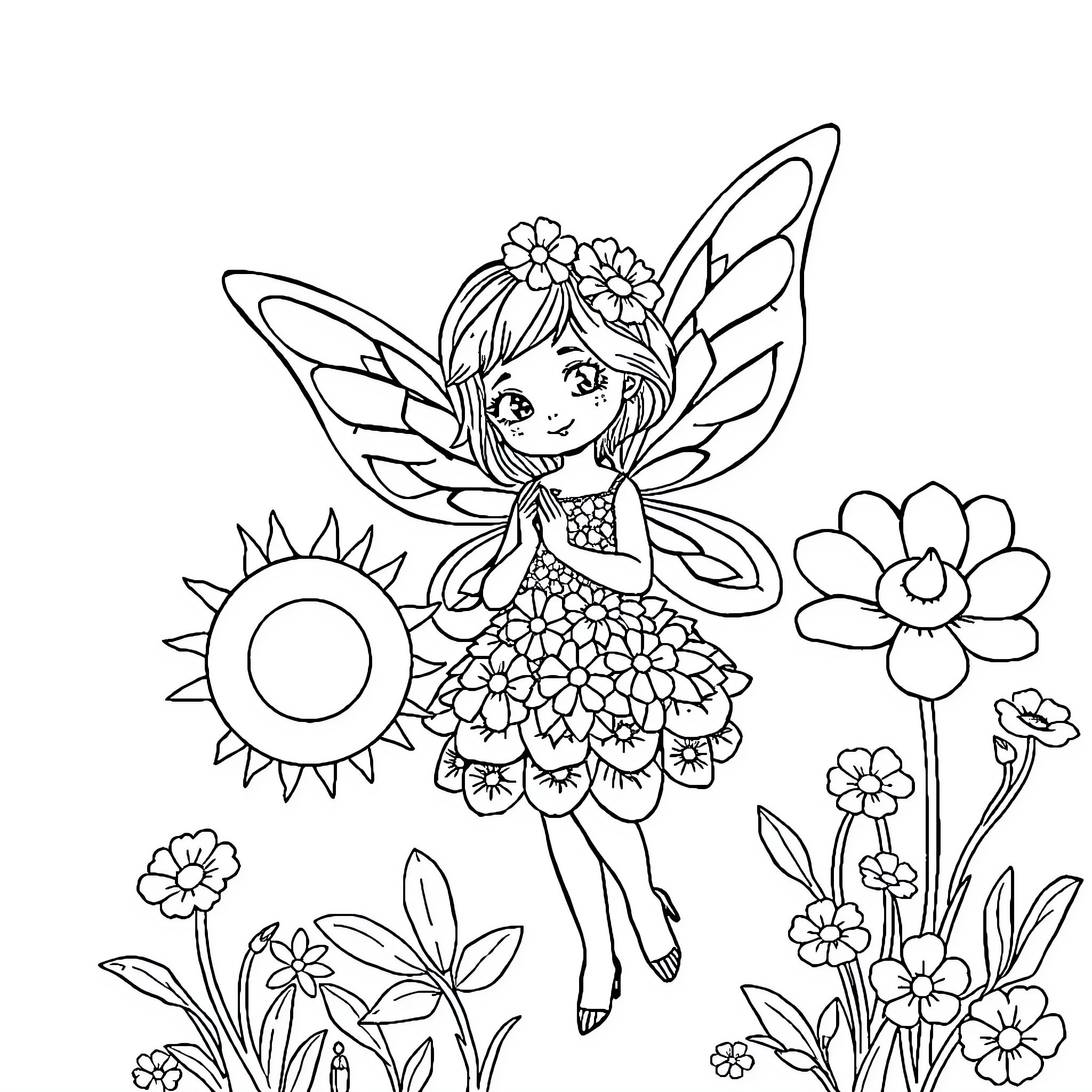 Fairy playing happily in the flower garden Coloring Page (free black-and-white line drawing printable PDF for all, from beginners to advanced learners, including children, teens, adults, and seniors)
