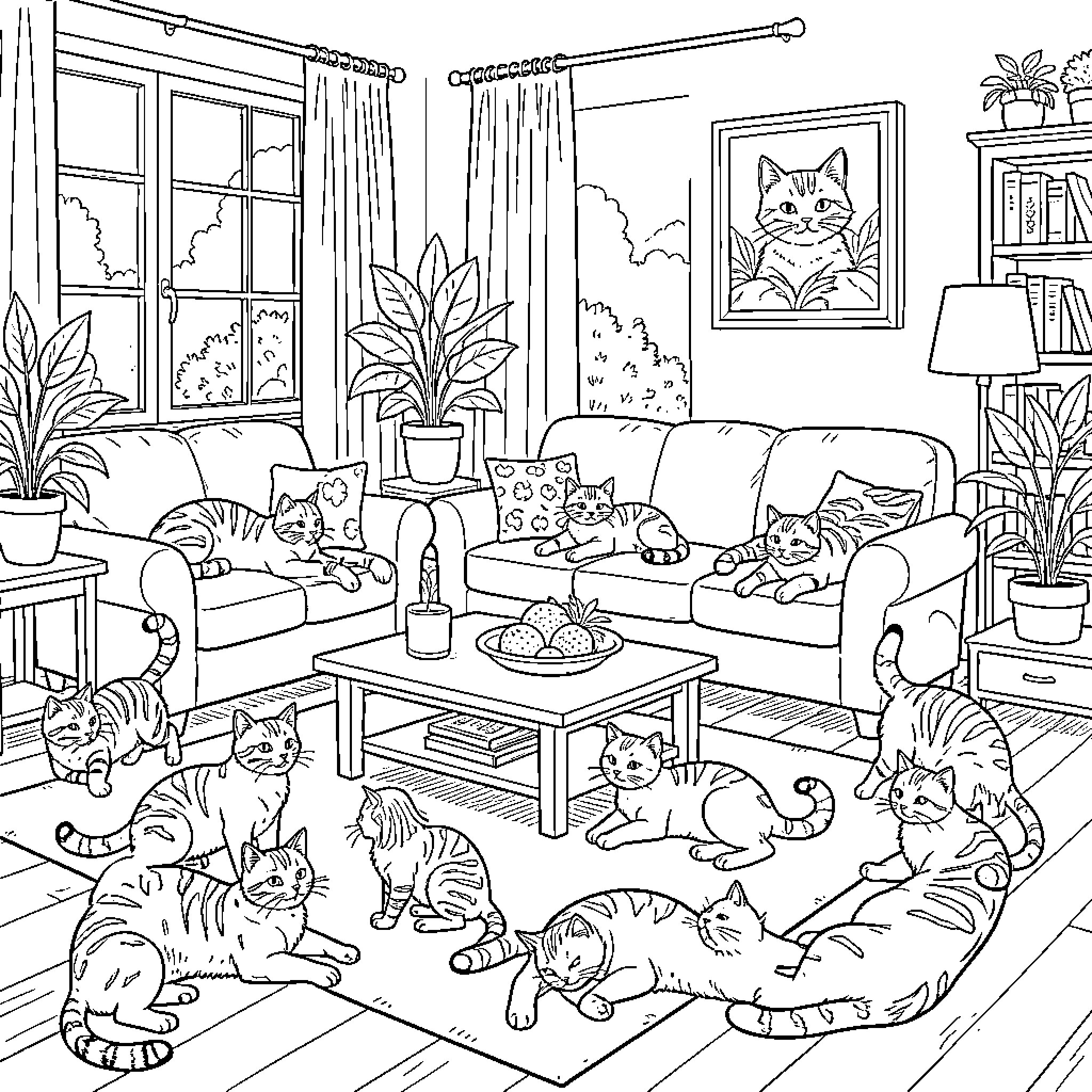 Cat Sanctuary in a Cozy Living Room Coloring Page (free black-and-white line drawing printable PDF for all, from beginners to advanced learners, including children, teens, adults, and seniors)