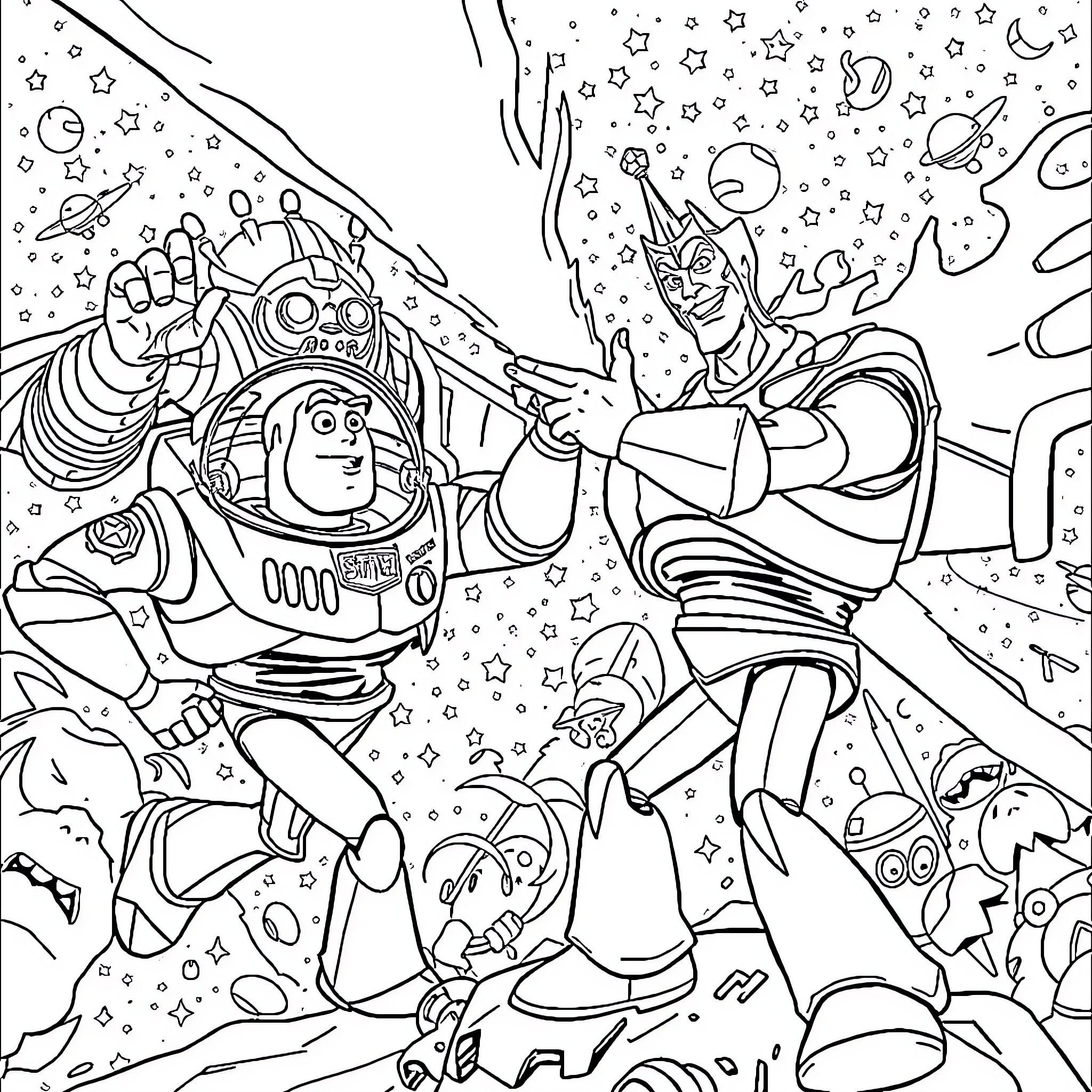 Buzz Lightyear and Woody in outer space adventure Coloring Page (free black-and-white line drawing printable PDF for all, from beginners to advanced learners, including children, teens, adults, and seniors)