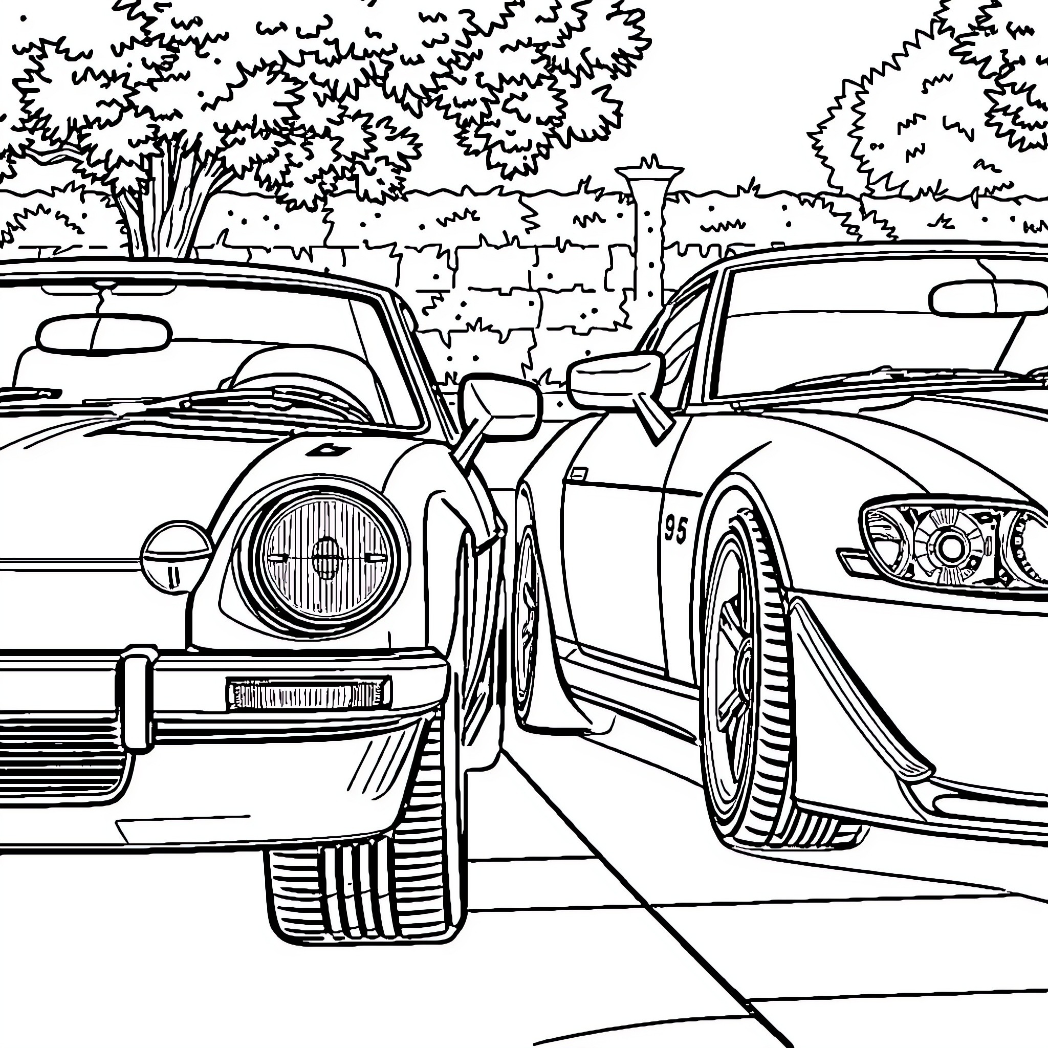 Car Parked in Idyllic Outdoor Scene Coloring Page (free black-and-white line drawing printable PDF for all, from beginners to advanced learners, including children, teens, adults, and seniors)