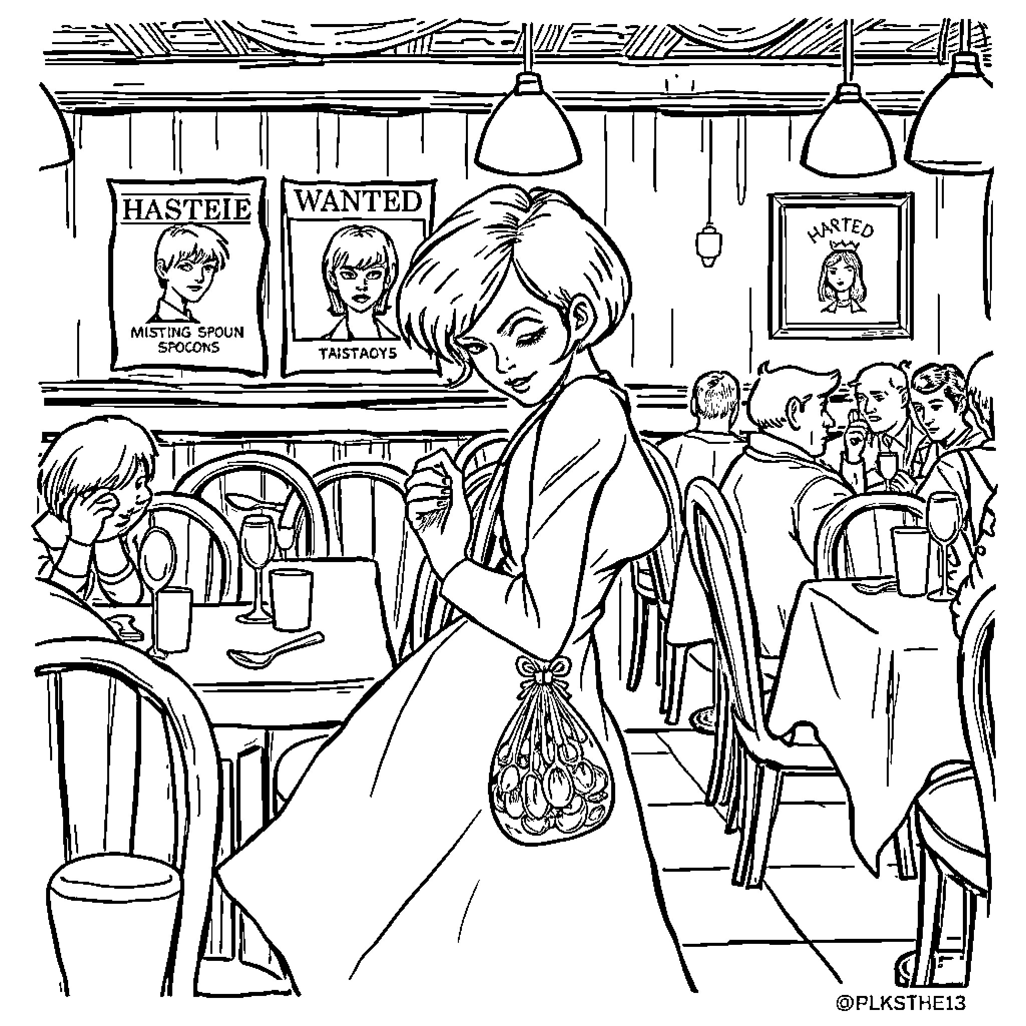Irish Woman in Wanted Poster Cafe Coloring Page (free black-and-white line drawing printable PDF for all, from beginners to advanced learners, including children, teens, adults, and seniors)