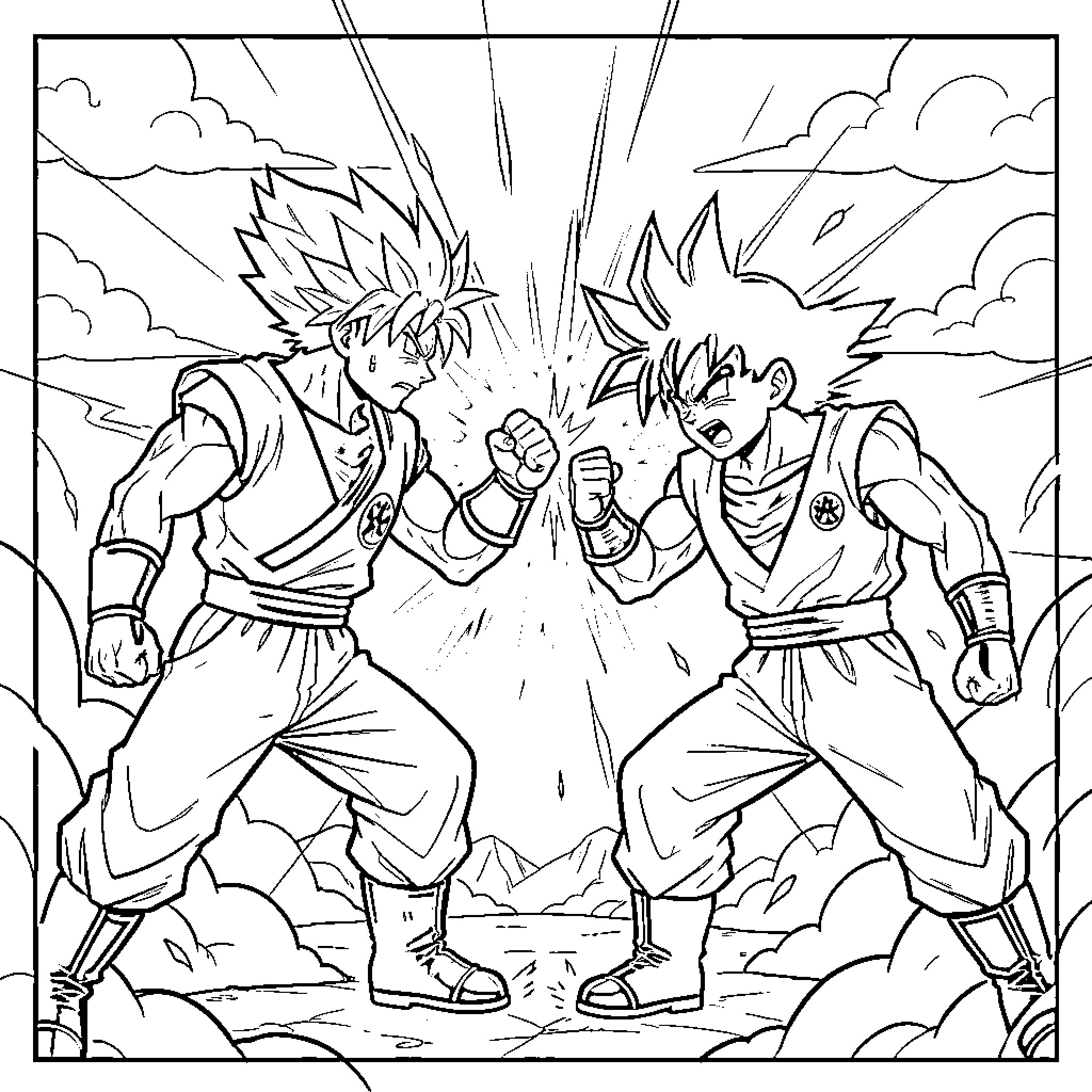 Gojo characters fighting in intense battle scene Coloring Page (free black-and-white line drawing printable PDF for all, from beginners to advanced learners, including children, teens, adults, and seniors)