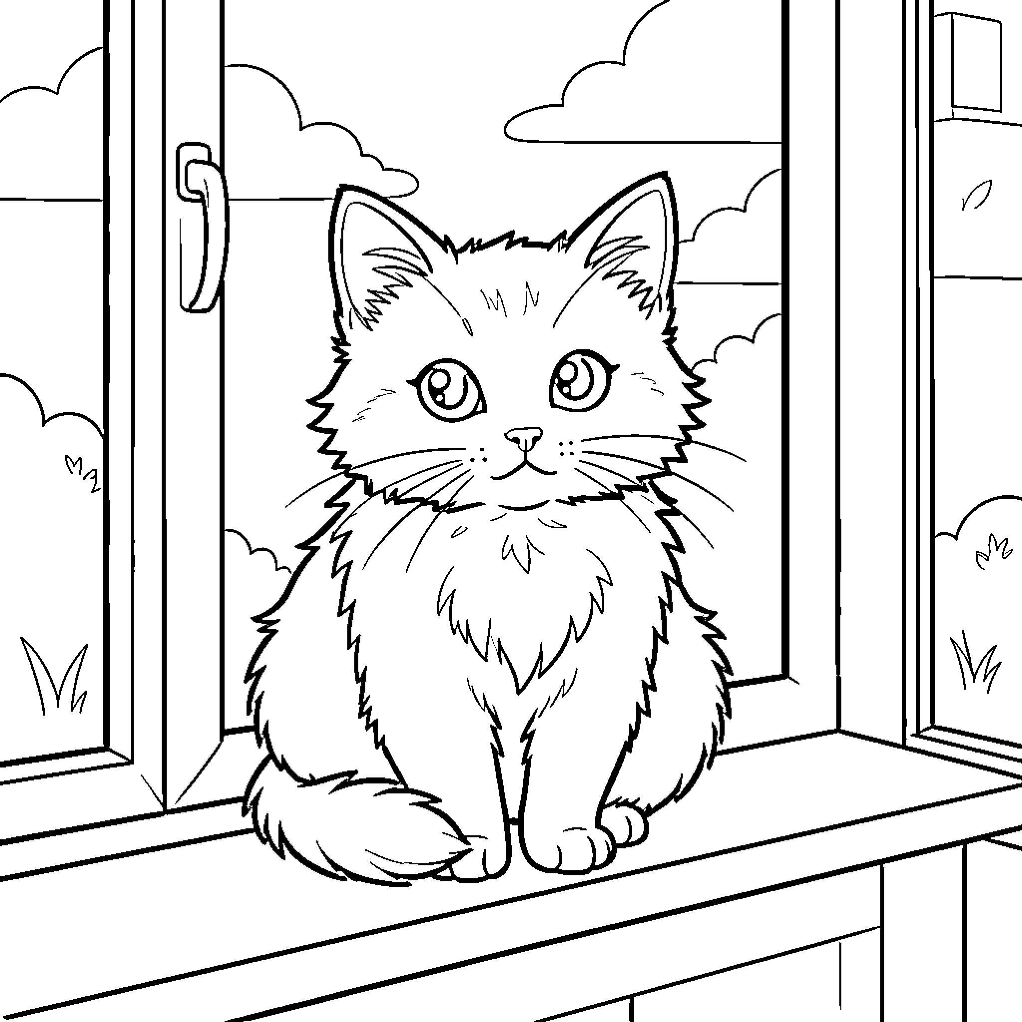 Cat gazing through the window on a cloudy day Coloring Page (free black-and-white line drawing printable PDF for all, from beginners to advanced learners, including children, teens, adults, and seniors)