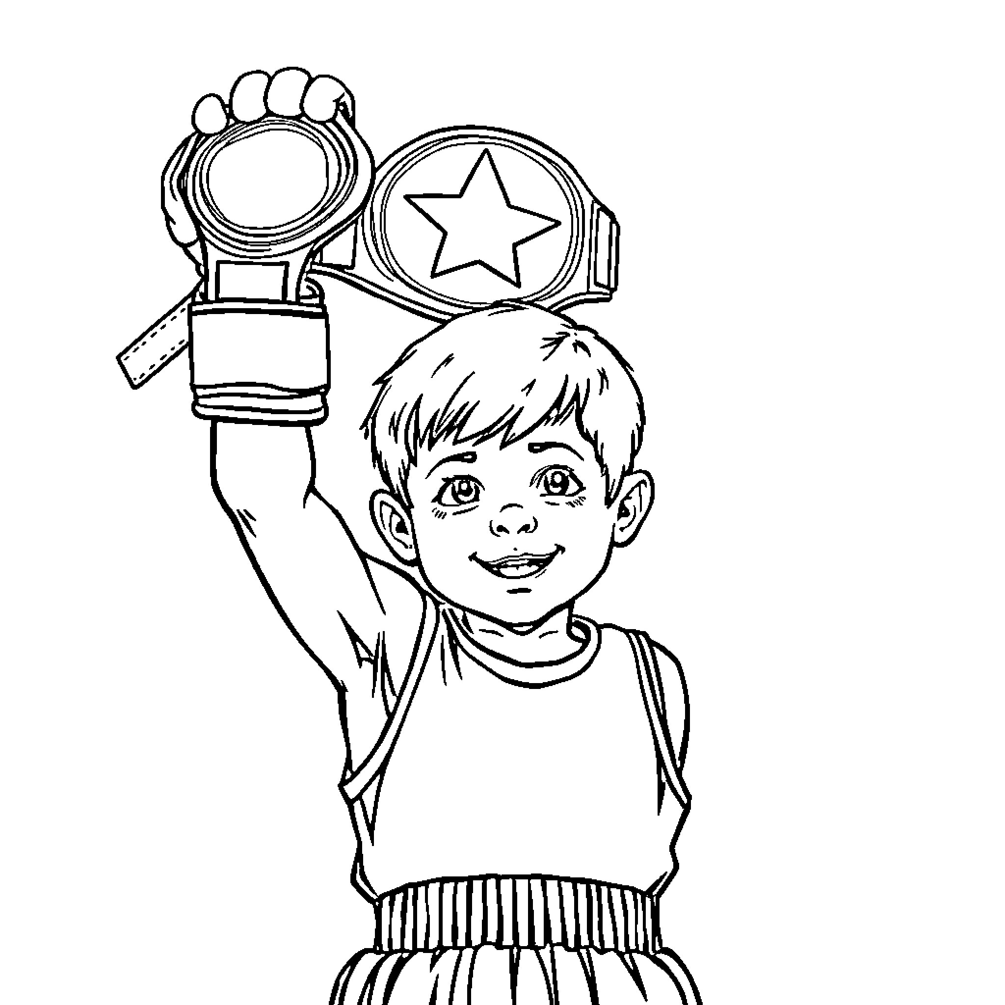 Boxer Celebrating Victory with Trophy Coloring Page (free black-and-white line drawing printable PDF for all, from beginners to advanced learners, including children, teens, adults, and seniors)