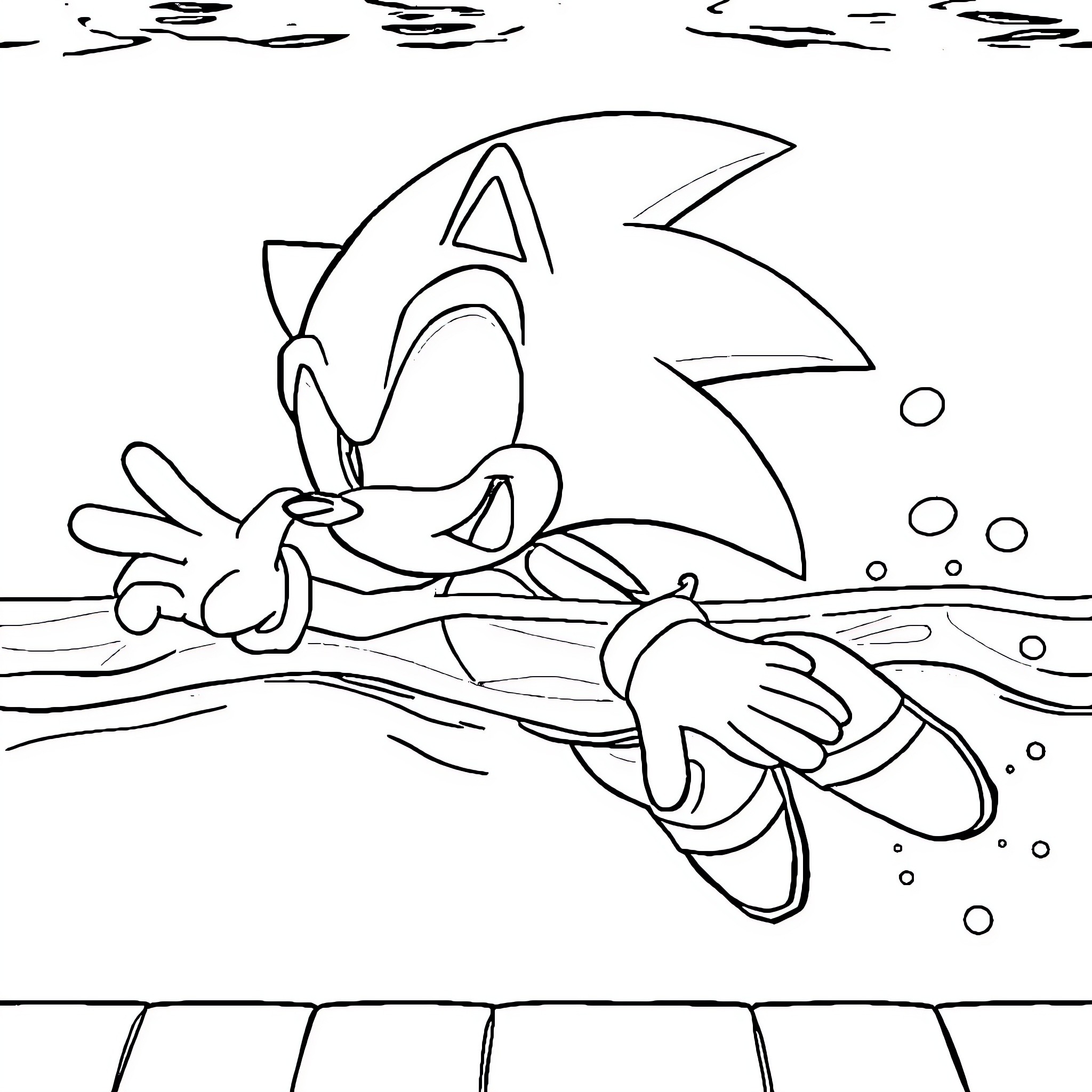 Sonic the Hedgehog swimming underwater Coloring Page (free black-and-white line drawing printable PDF for all, from beginners to advanced learners, including children, teens, adults, and seniors)