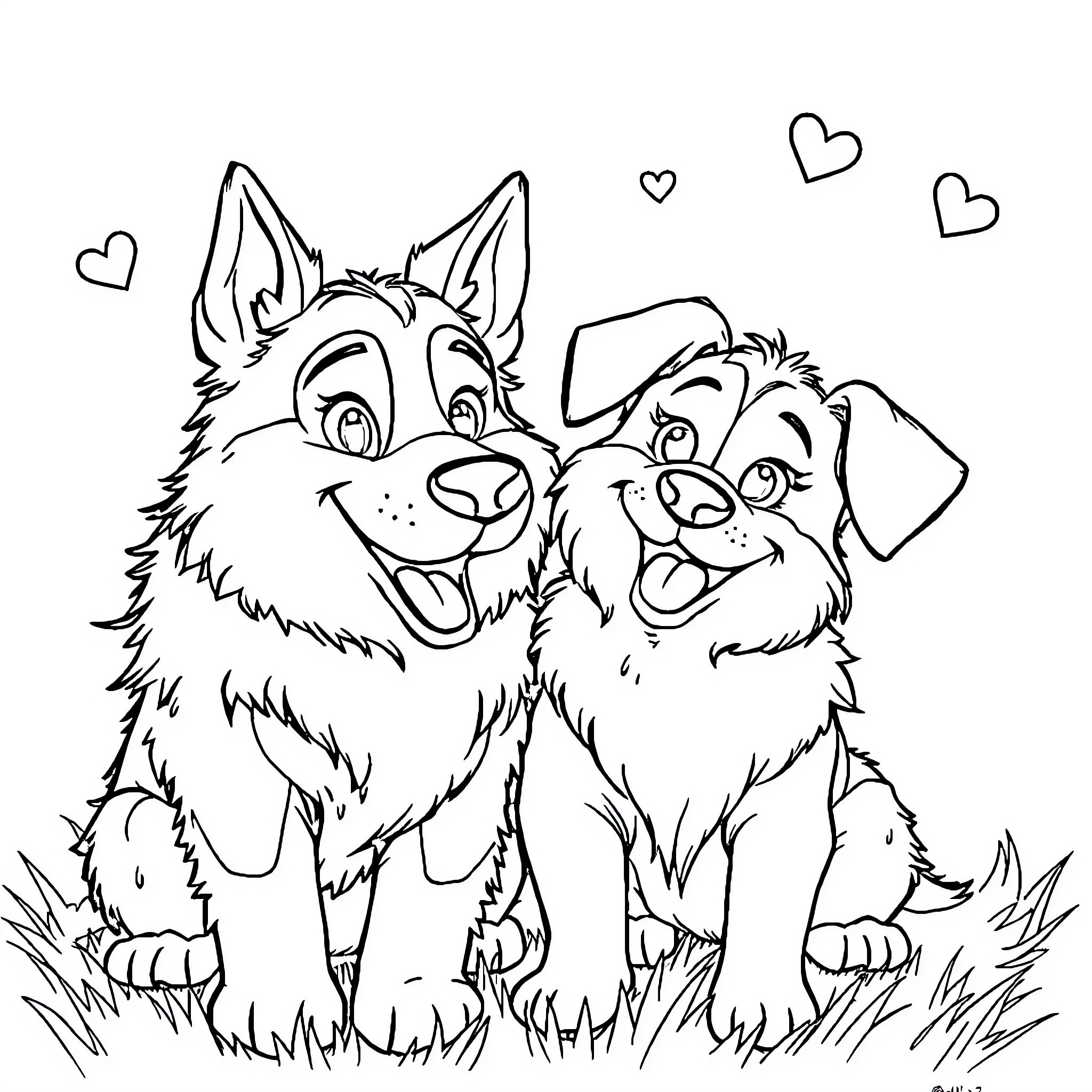 Bluey and friends playing happily together Coloring Page (free black-and-white line drawing printable PDF for all, from beginners to advanced learners, including children, teens, adults, and seniors)