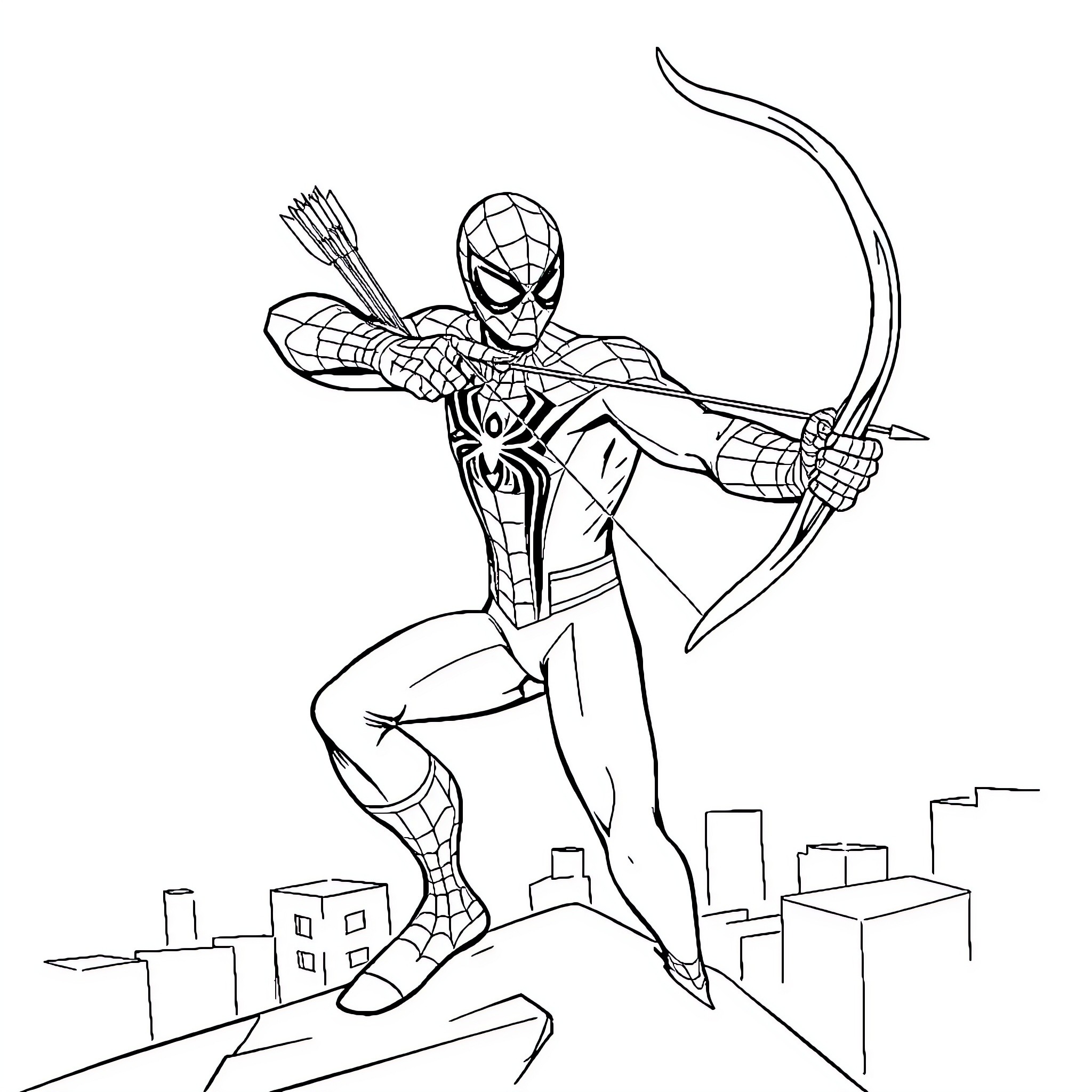 Spiderman heroically wielding bow and arrow Coloring Page (free black-and-white line drawing printable PDF for all, from beginners to advanced learners, including children, teens, adults, and seniors)
